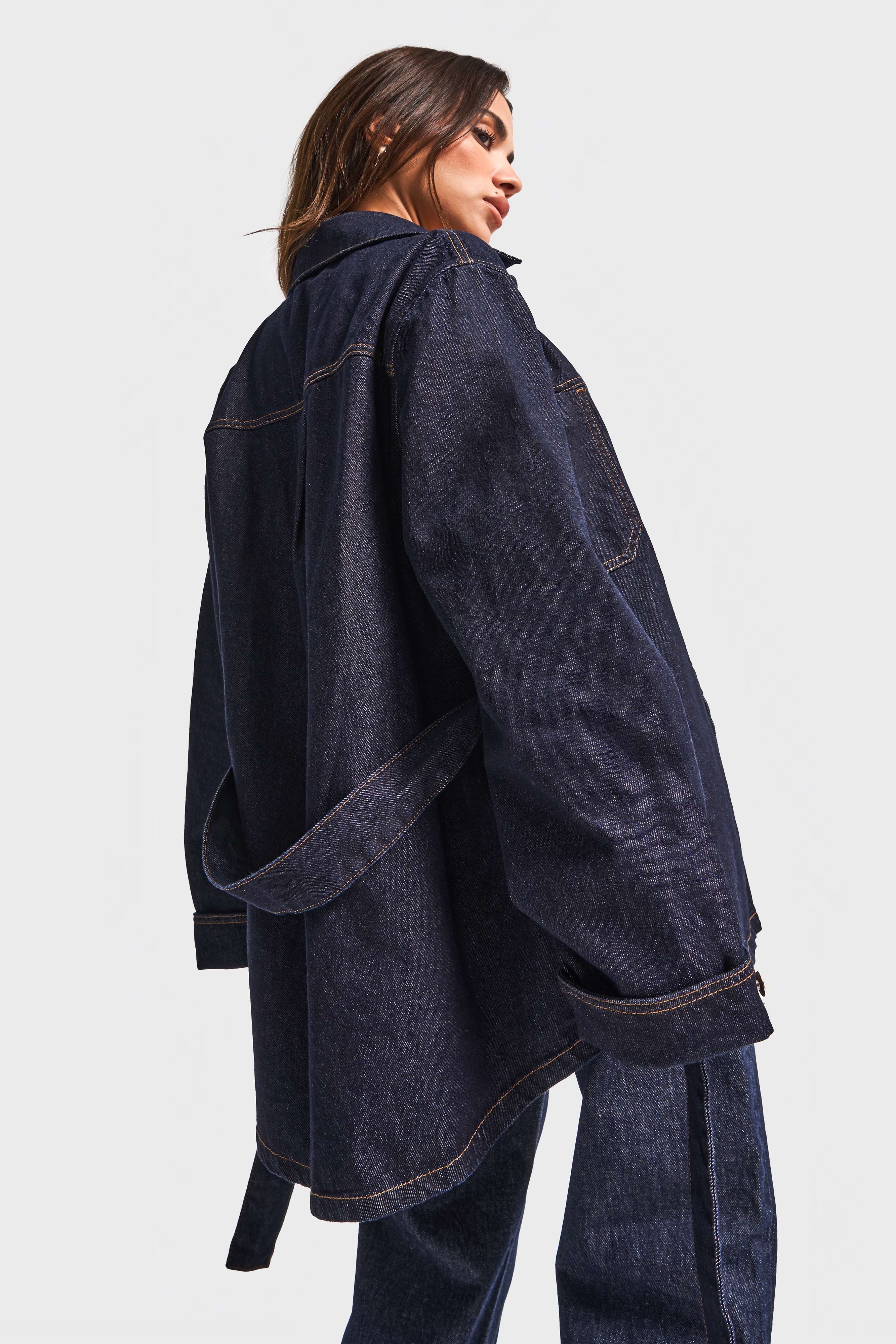 It's Basic Kadın İndigo Renk 7w5-50 Kemer Detaylı %100 Pamuk Denim Trençkot görsel 2