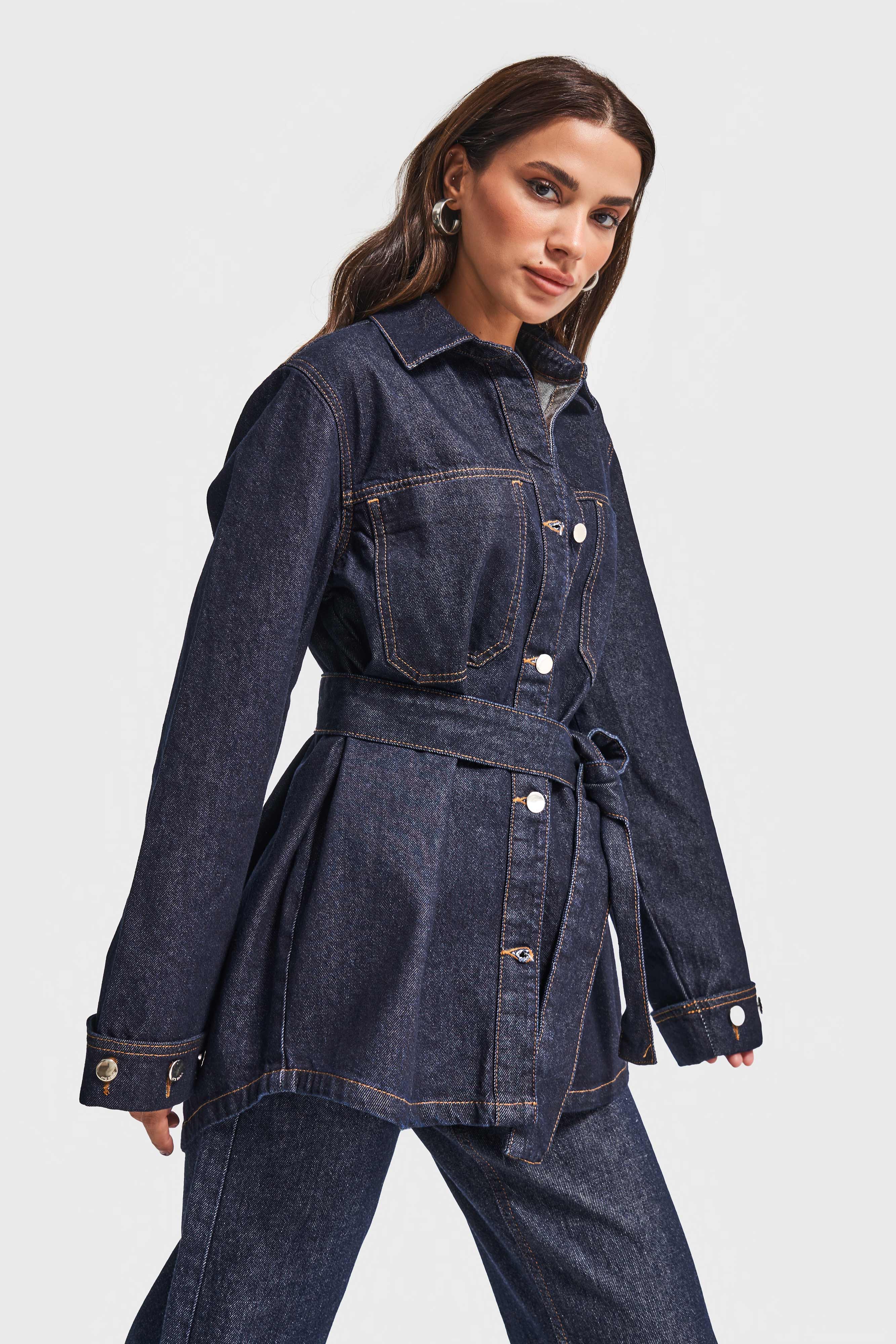 It's Basic Kadın İndigo Renk 7w5-50 Kemer Detaylı %100 Pamuk Denim Trençkot