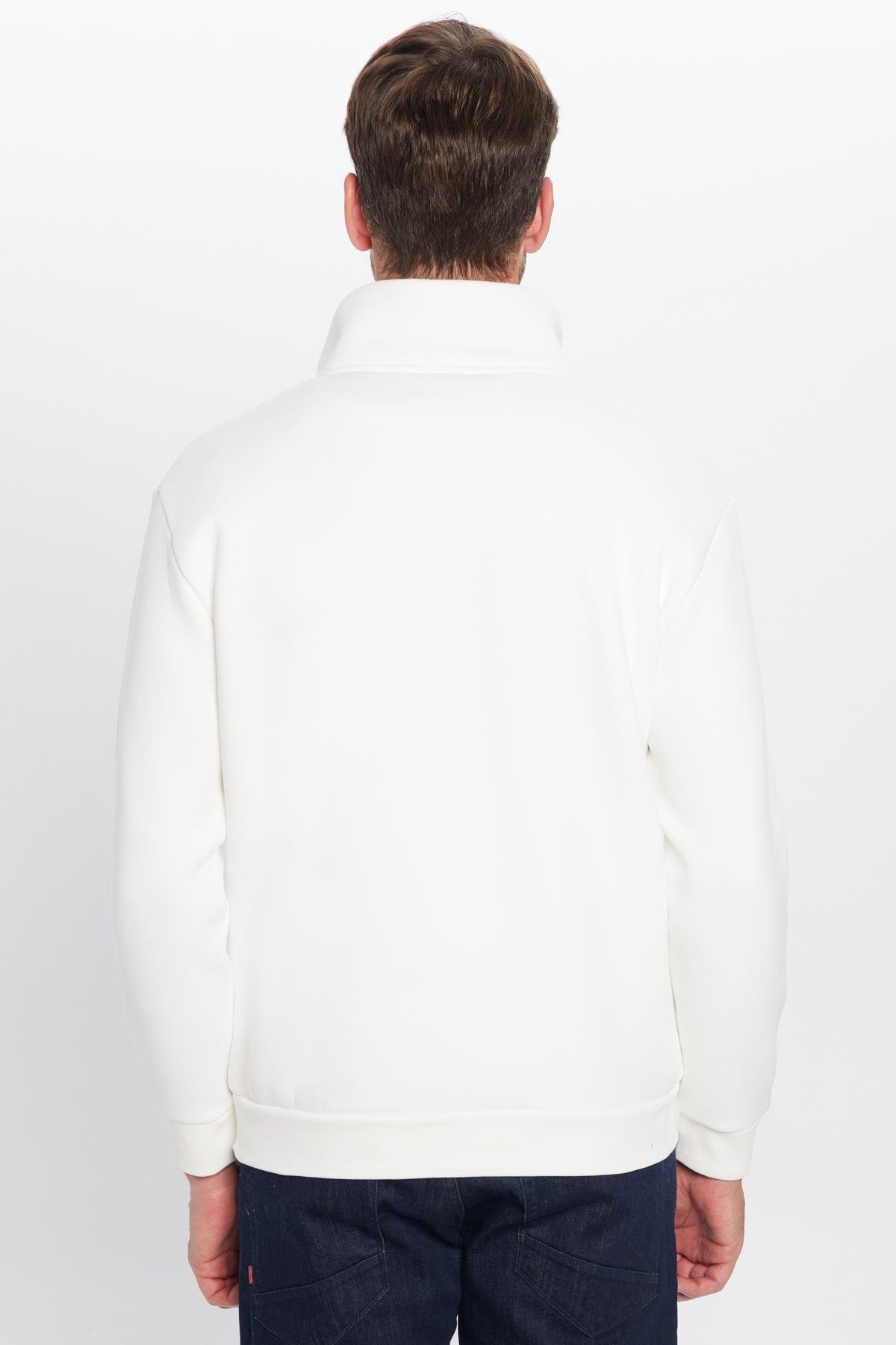 TUDORS Unisex Relax Fit Rahat Kesim Pamuklu İçi Polarlı Yarım Fermuarlı Beyaz Dik Yaka Sweatshirt görsel 7