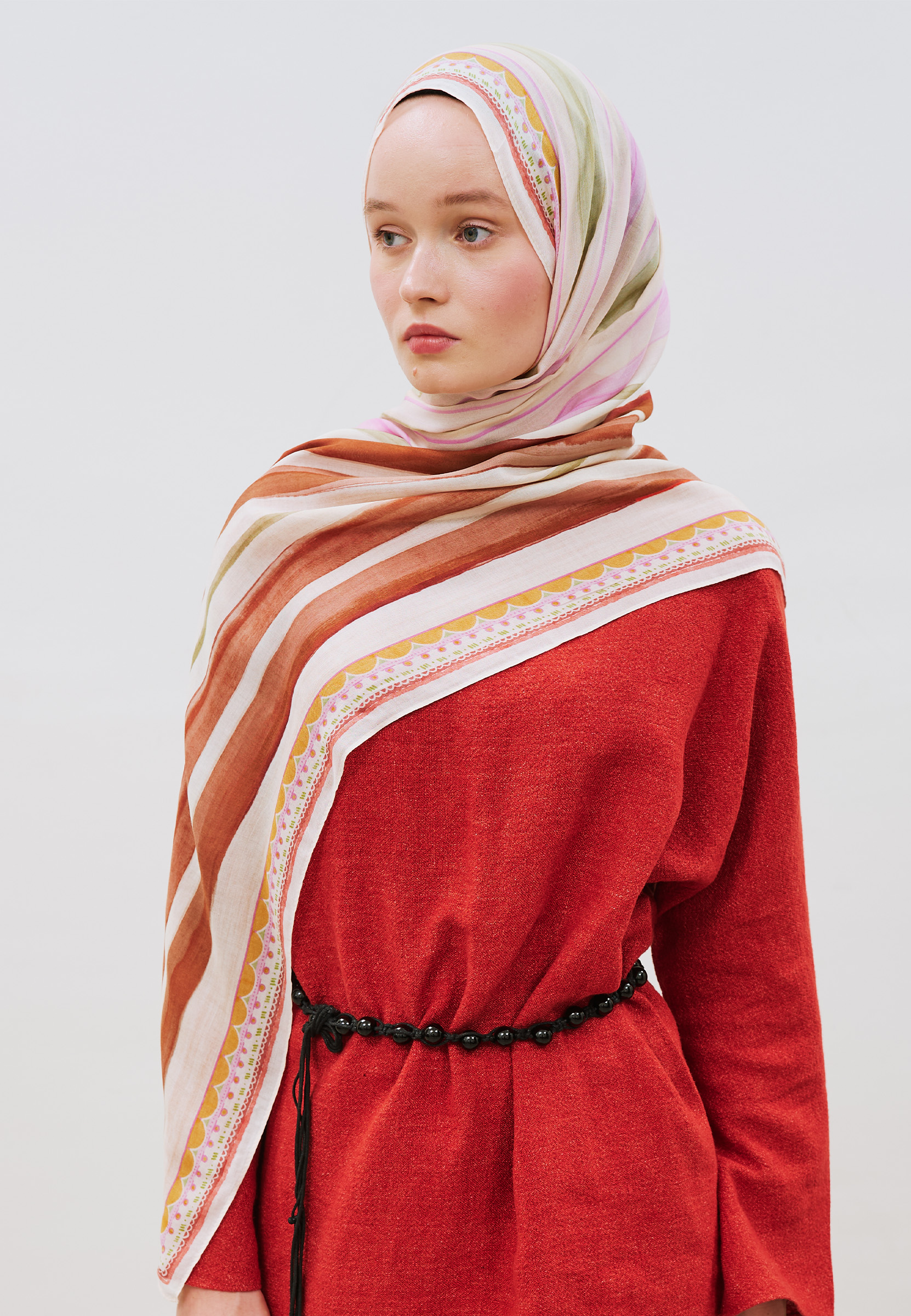 Fresh Scarfs Summer Blocks Desen Rami Viskon Şal Lila-Kahve