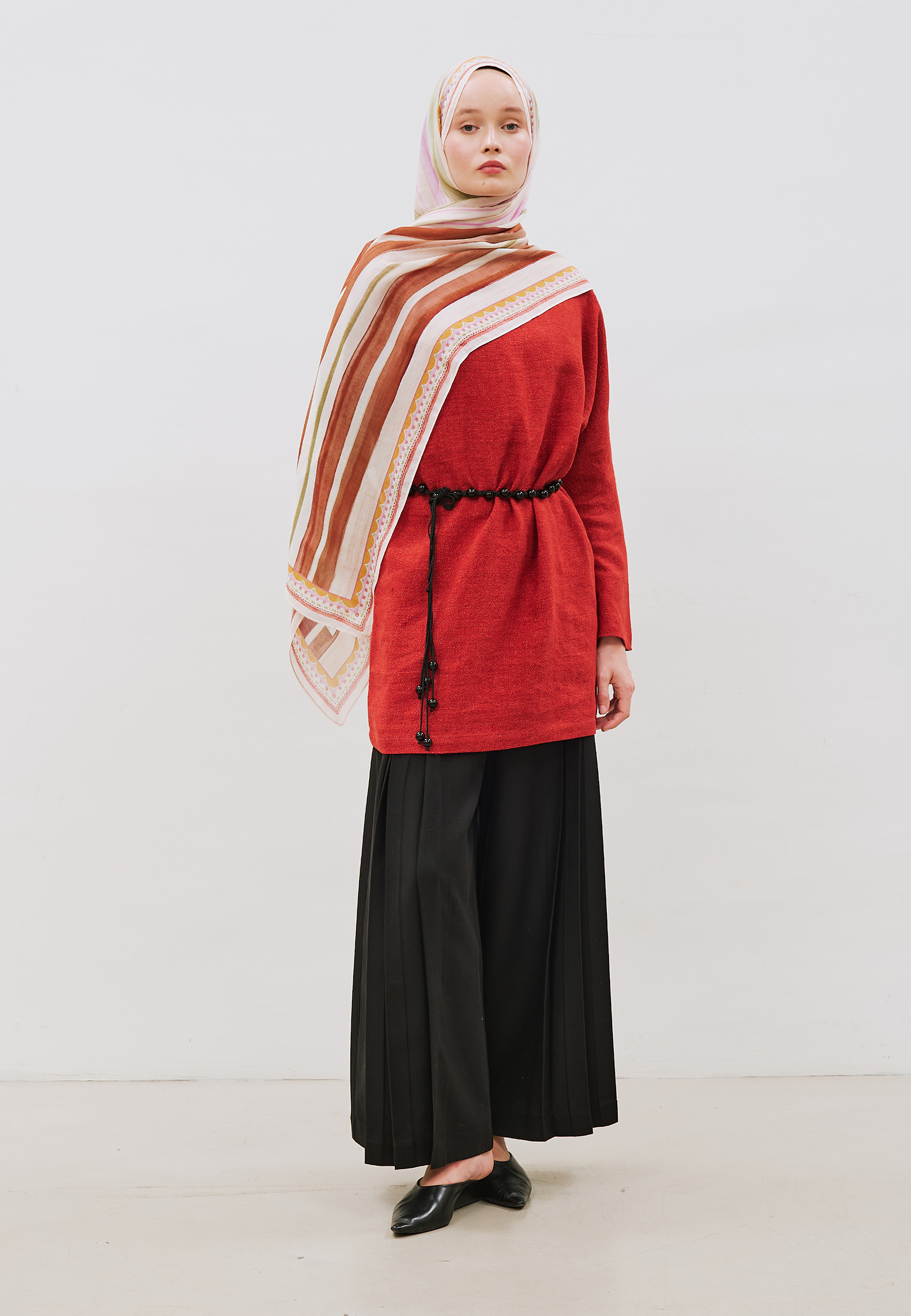 Fresh Scarfs Summer Blocks Desen Rami Viskon Şal Lila-Kahve görsel 3
