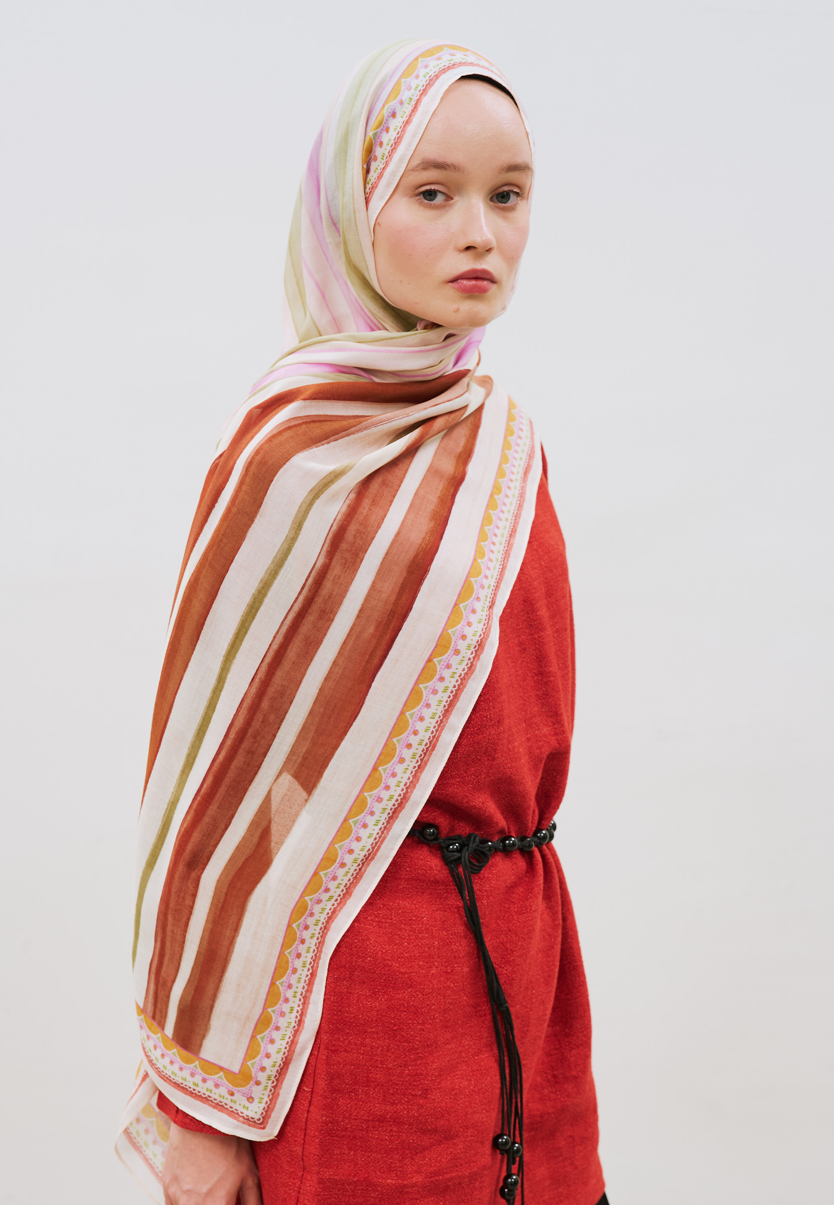 Fresh Scarfs Summer Blocks Desen Rami Viskon Şal Lila-Kahve görsel 4