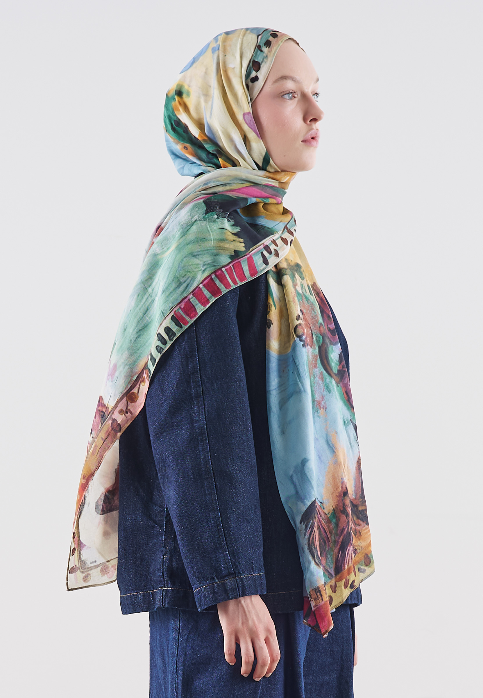 Fresh Scarfs Playful Palette Desen Rami Viskon Şal Menekşe görsel 4