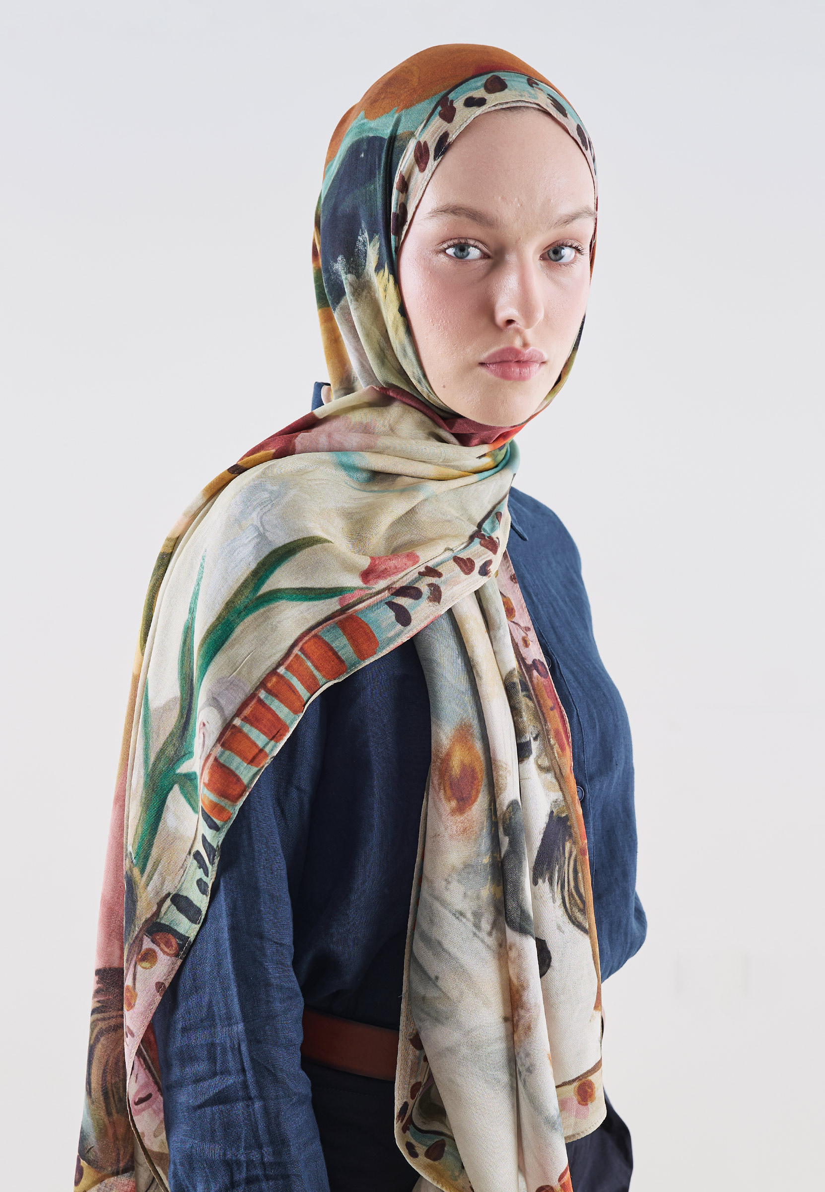 Fresh Scarfs Playful Palette Desen Rami Viskon Şal Kiremit görsel 2
