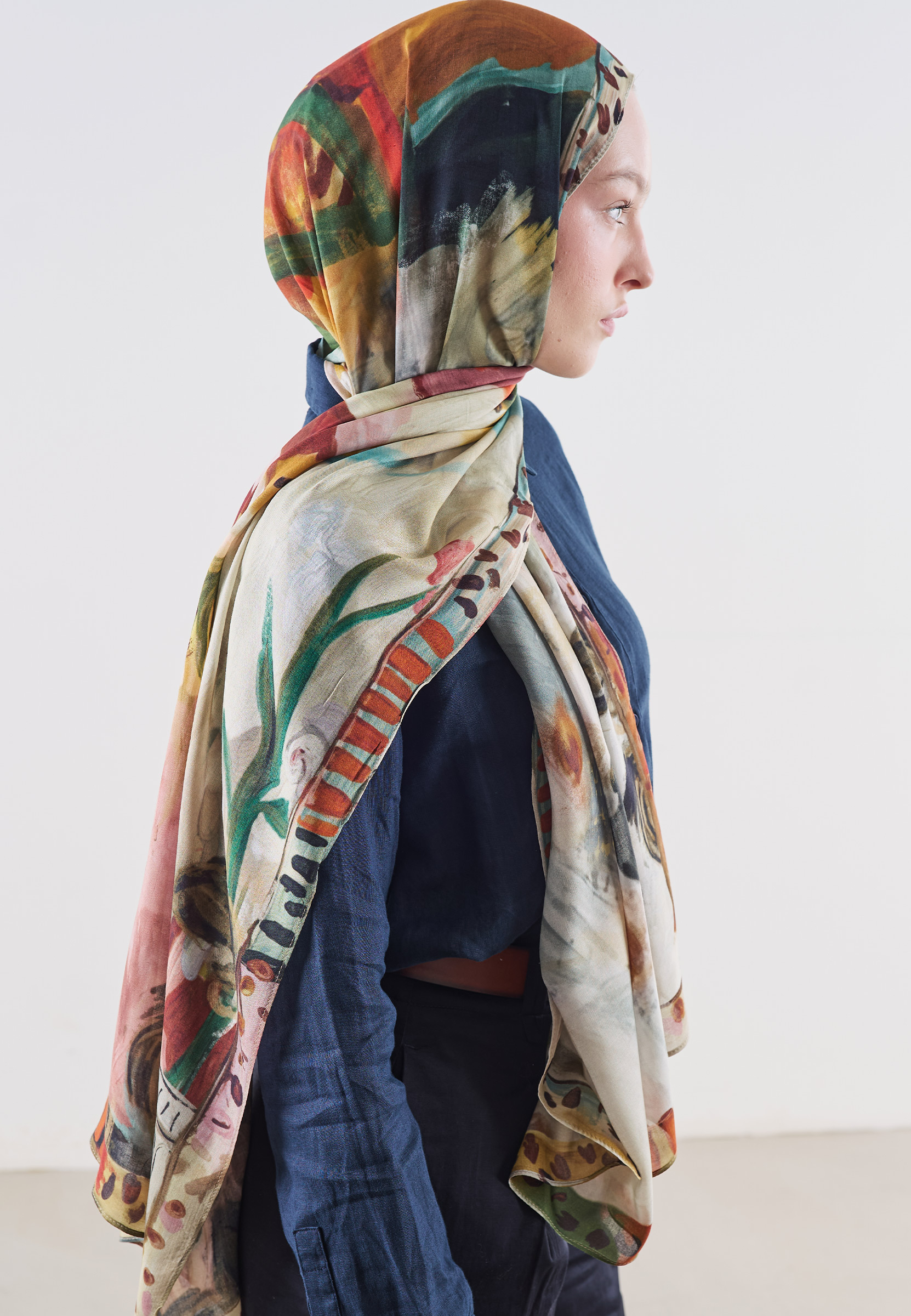 Fresh Scarfs Playful Palette Desen Rami Viskon Şal Kiremit görsel 3