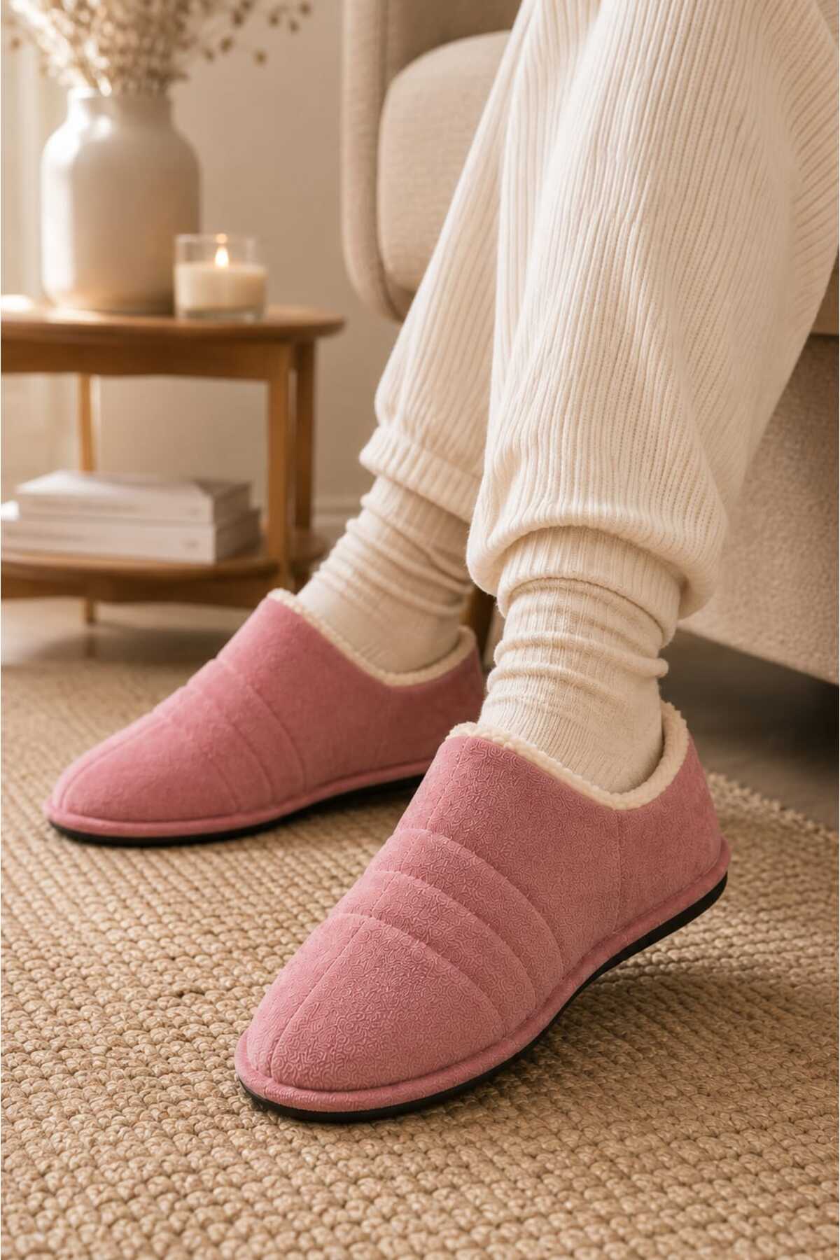 Slipcat Unisex, Kapitone Dikişli, İçi Kürklü, Süet Ev Terliği, Sıcak Tutan Panduf görsel 3