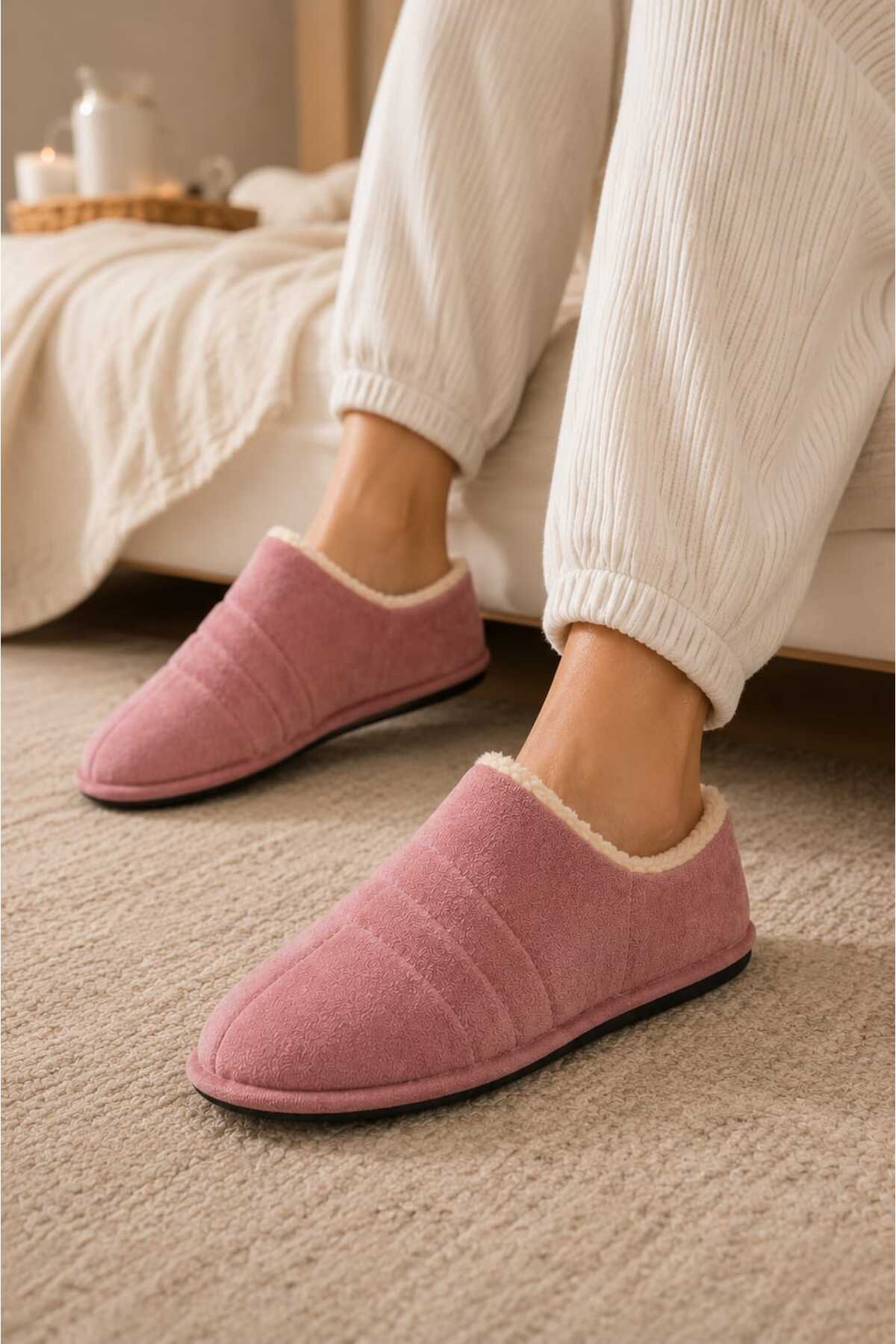Slipcat Unisex, Kapitone Dikişli, İçi Kürklü, Süet Ev Terliği, Sıcak Tutan Panduf görsel 4