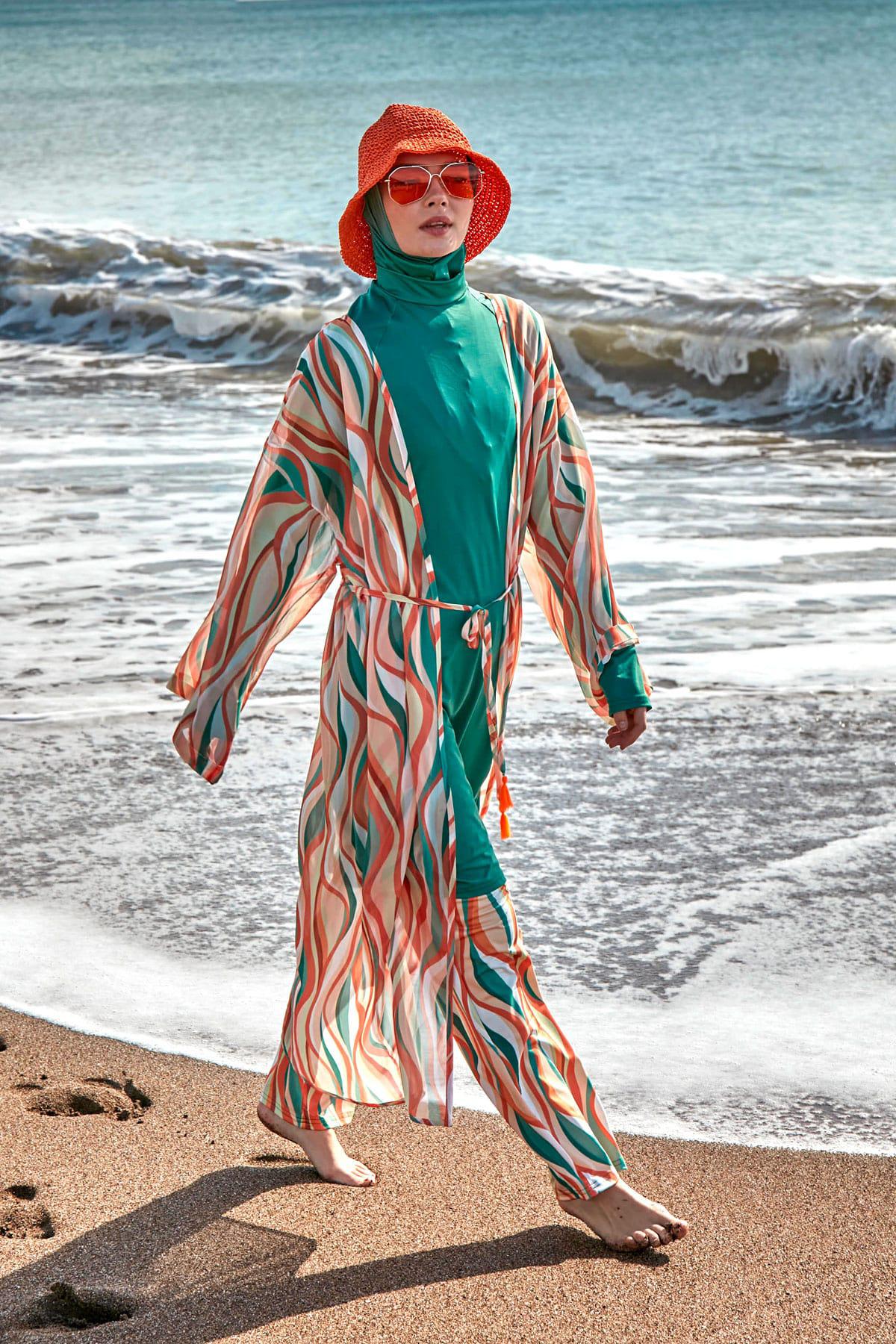 Marina Desenli Yeşil Kimono Kaftan P2422
