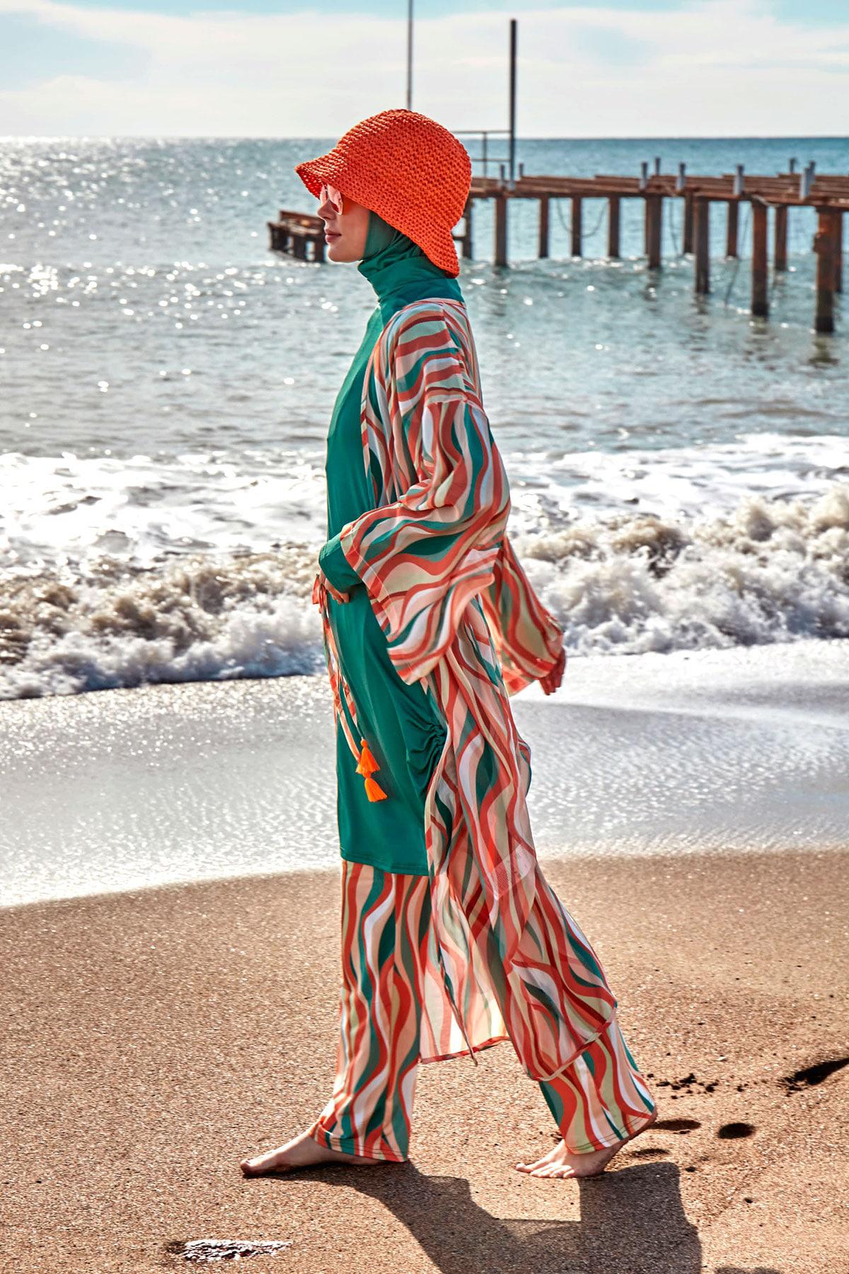 Marina Desenli Yeşil Kimono Kaftan P2422 görsel 2
