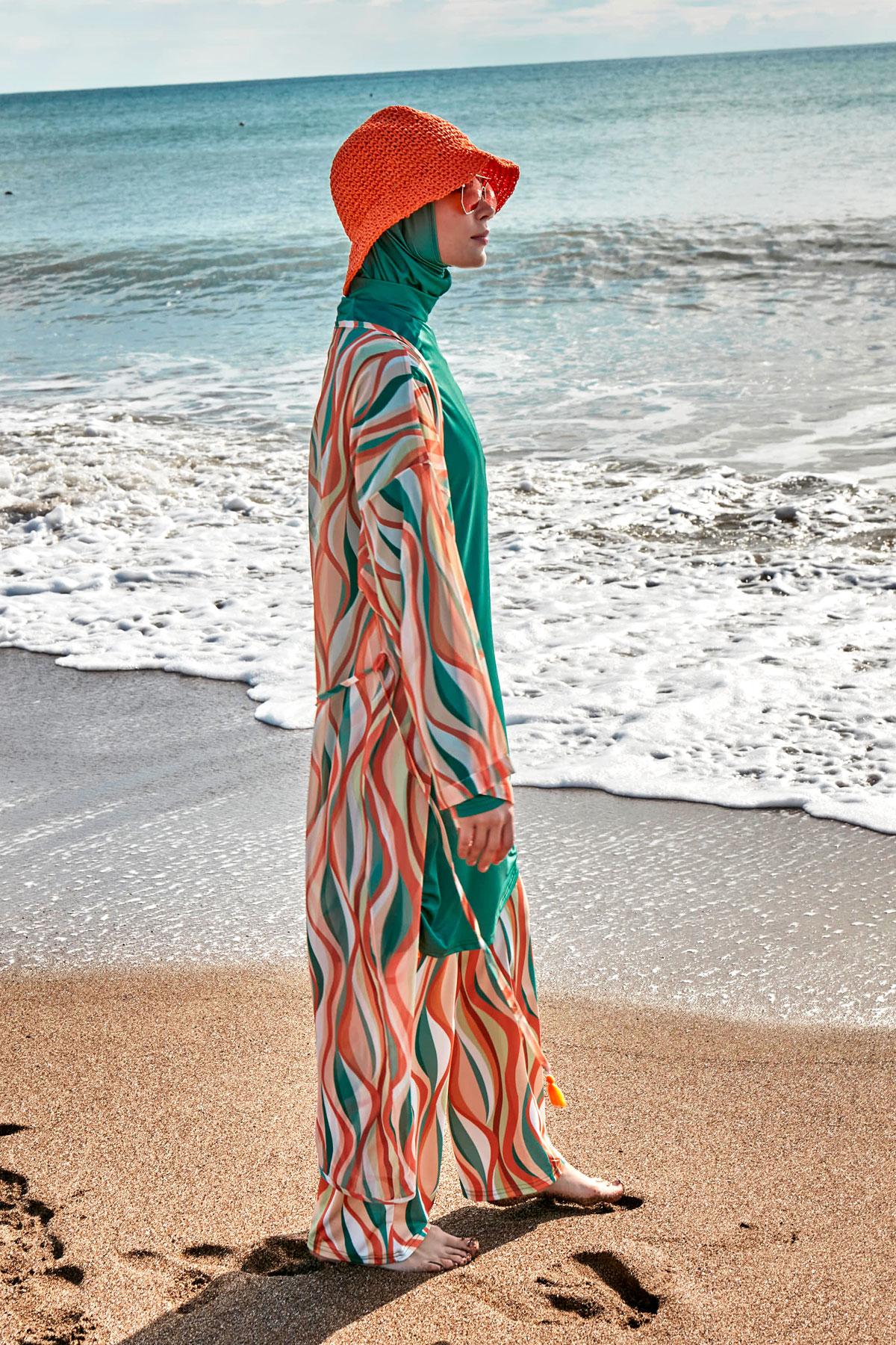 Marina Desenli Yeşil Kimono Kaftan P2422 görsel 3