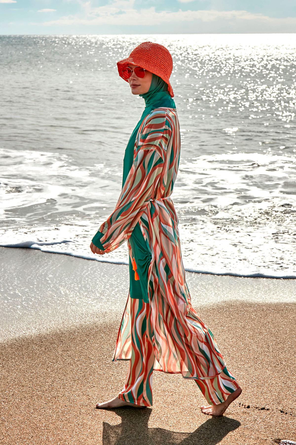 Marina Desenli Yeşil Kimono Kaftan P2422 görsel 4