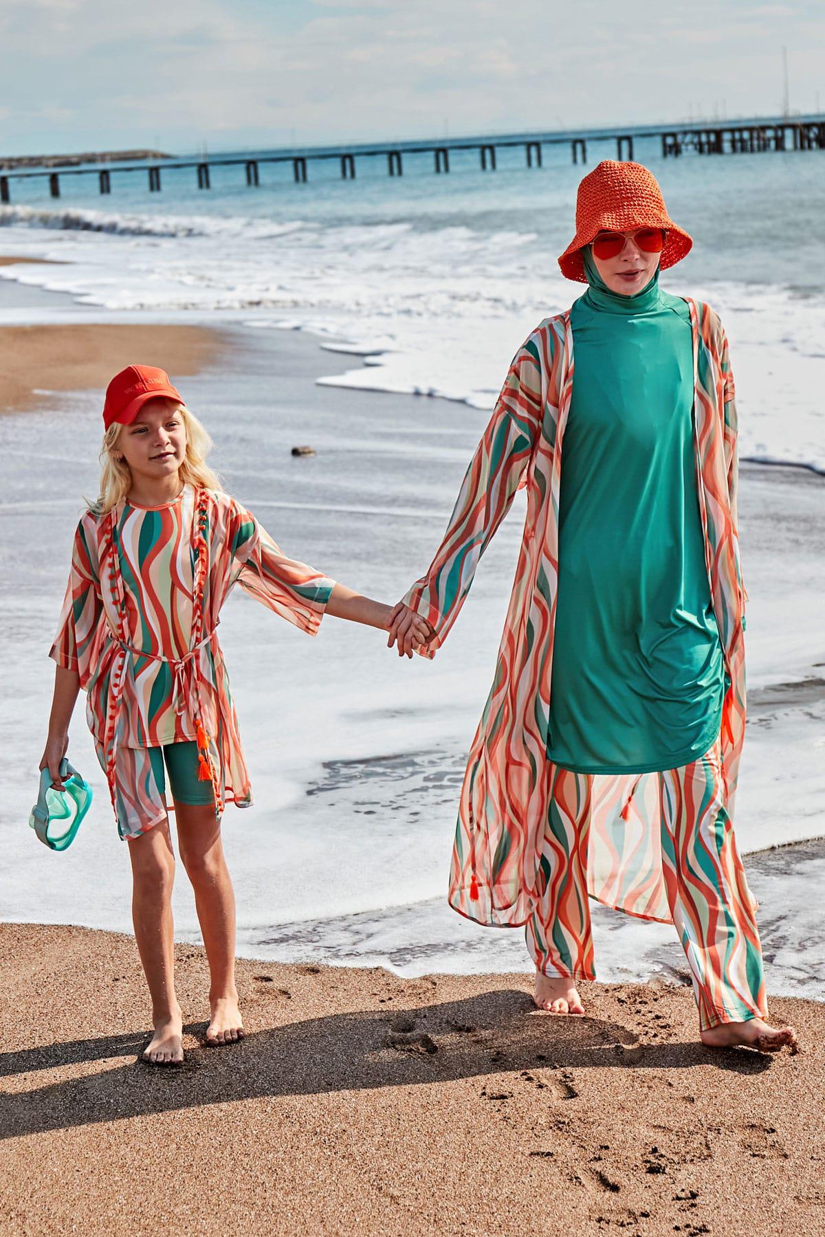 Marina Desenli Yeşil Kimono Kaftan P2422 görsel 5