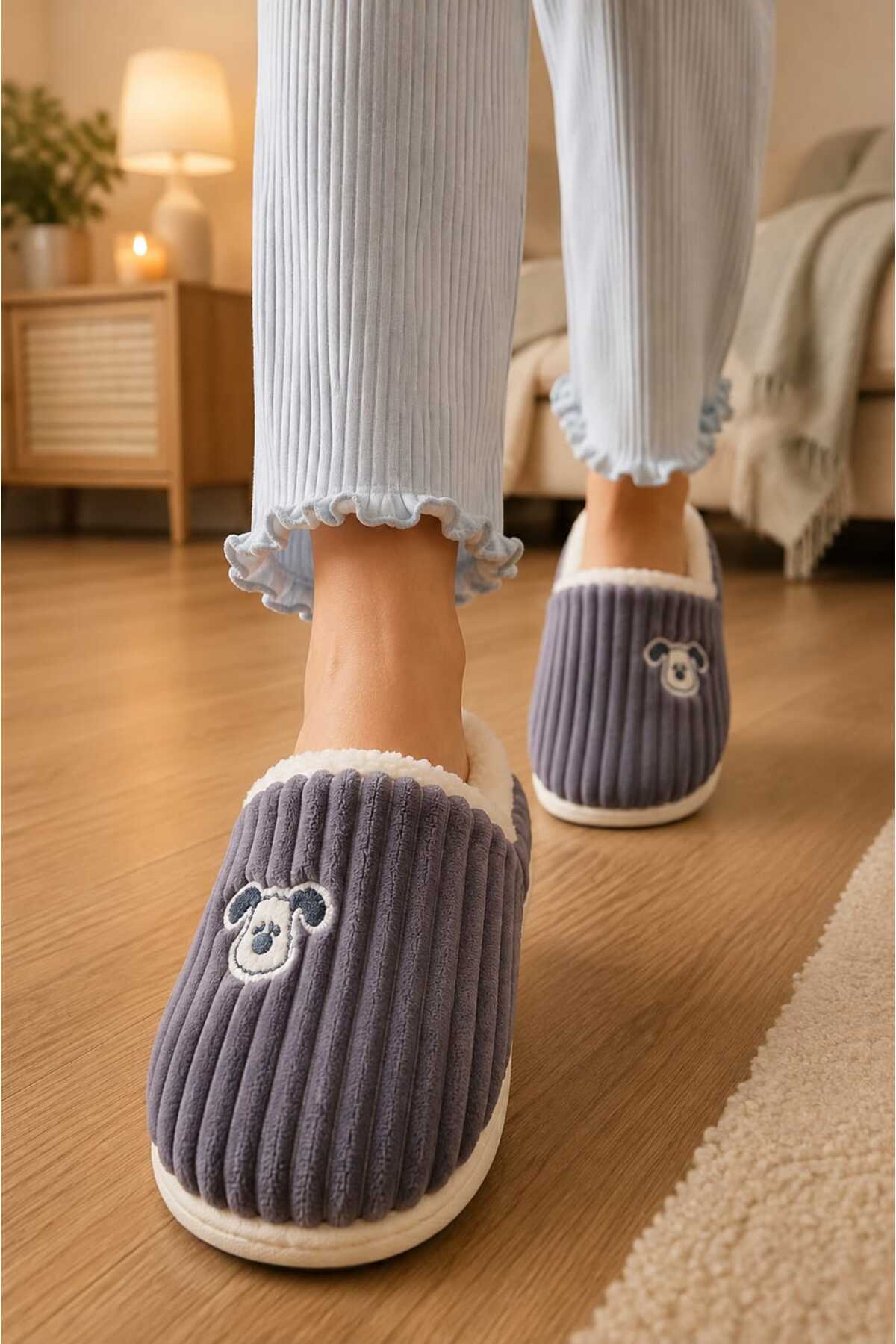 Slipcat Unisex, Fitil Kadife, Sevimli Köpek Figürlü, Kürklü, Yumuşak, Pelüş Ev Terliği görsel 2