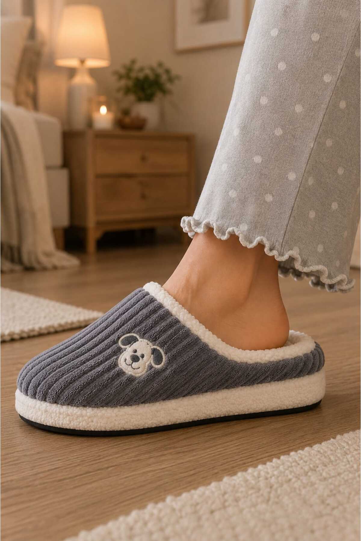 Slipcat Unisex, Fitil Kadife, Sevimli Köpek Figürlü, Kürklü, Yumuşak, Pelüş Ev Terliği görsel 3