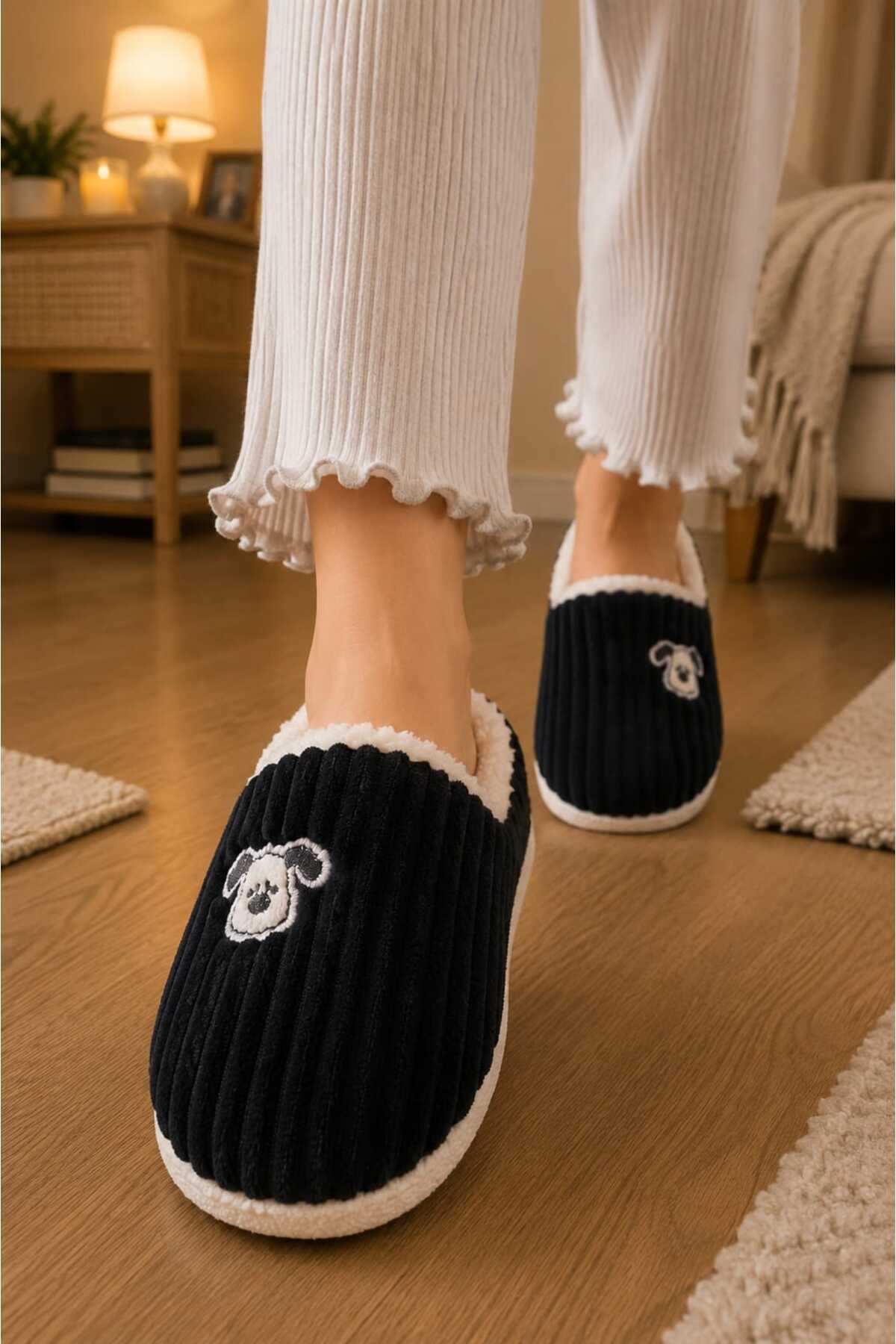 Slipcat Unisex, Fitil Kadife, Sevimli Köpek Figürlü, Kürklü, Yumuşak, Pelüş Ev Terliği görsel 2