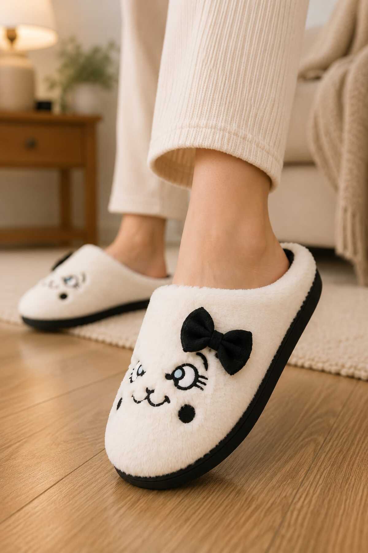 Slipcat Kadın, Fiyonklu, Sevimli Kedi Figürlü, Yumuşak Pelüş Ev Terliği görsel 2