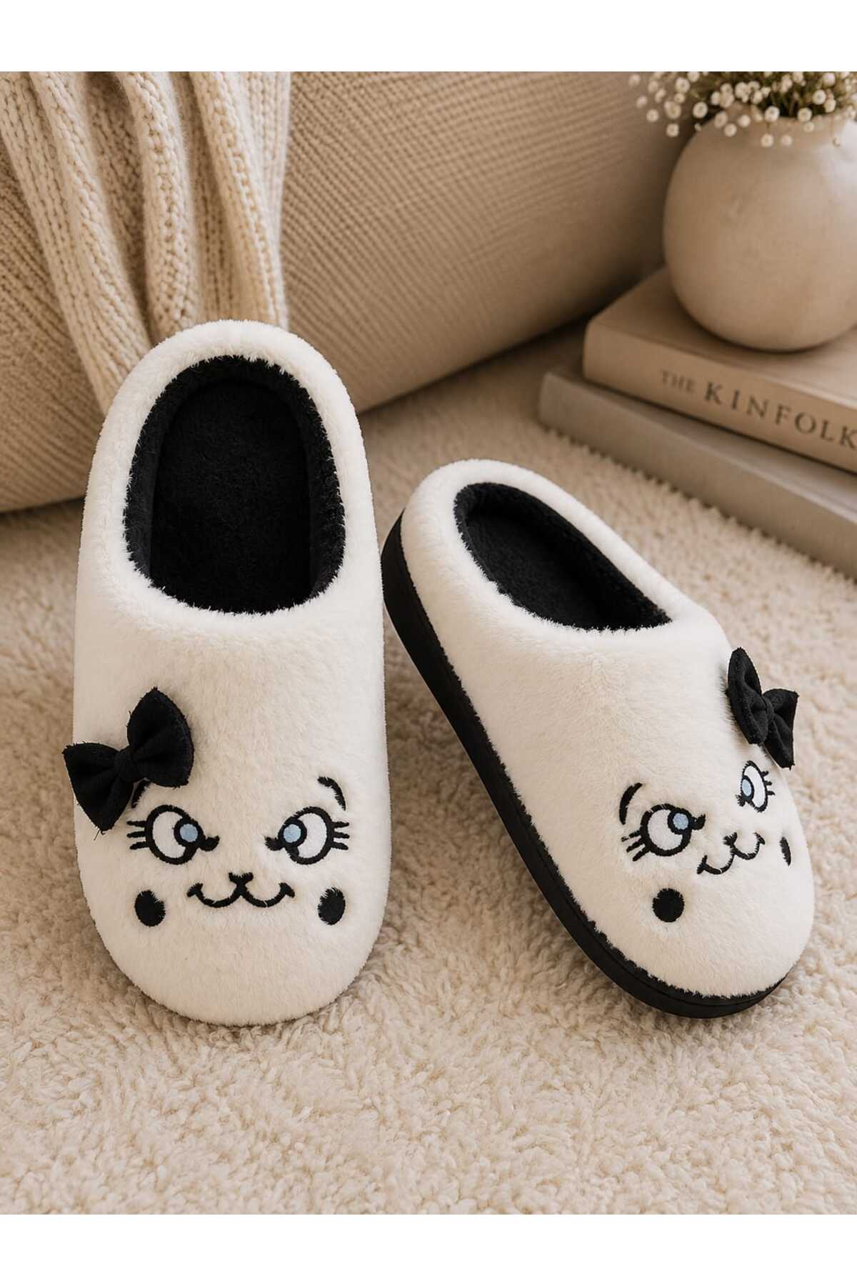 Slipcat Kadın, Fiyonklu, Sevimli Kedi Figürlü, Yumuşak Pelüş Ev Terliği görsel 3