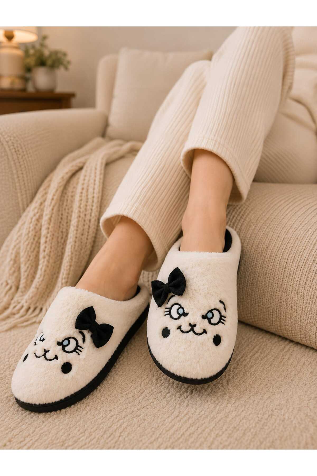 Slipcat Kadın, Fiyonklu, Sevimli Kedi Figürlü, Yumuşak Pelüş Ev Terliği görsel 5