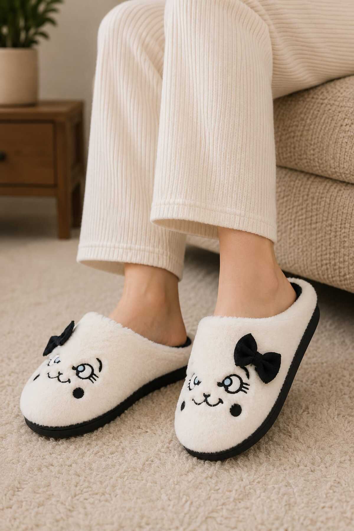 Slipcat Kadın, Fiyonklu, Sevimli Kedi Figürlü, Yumuşak Pelüş Ev Terliği görsel 6