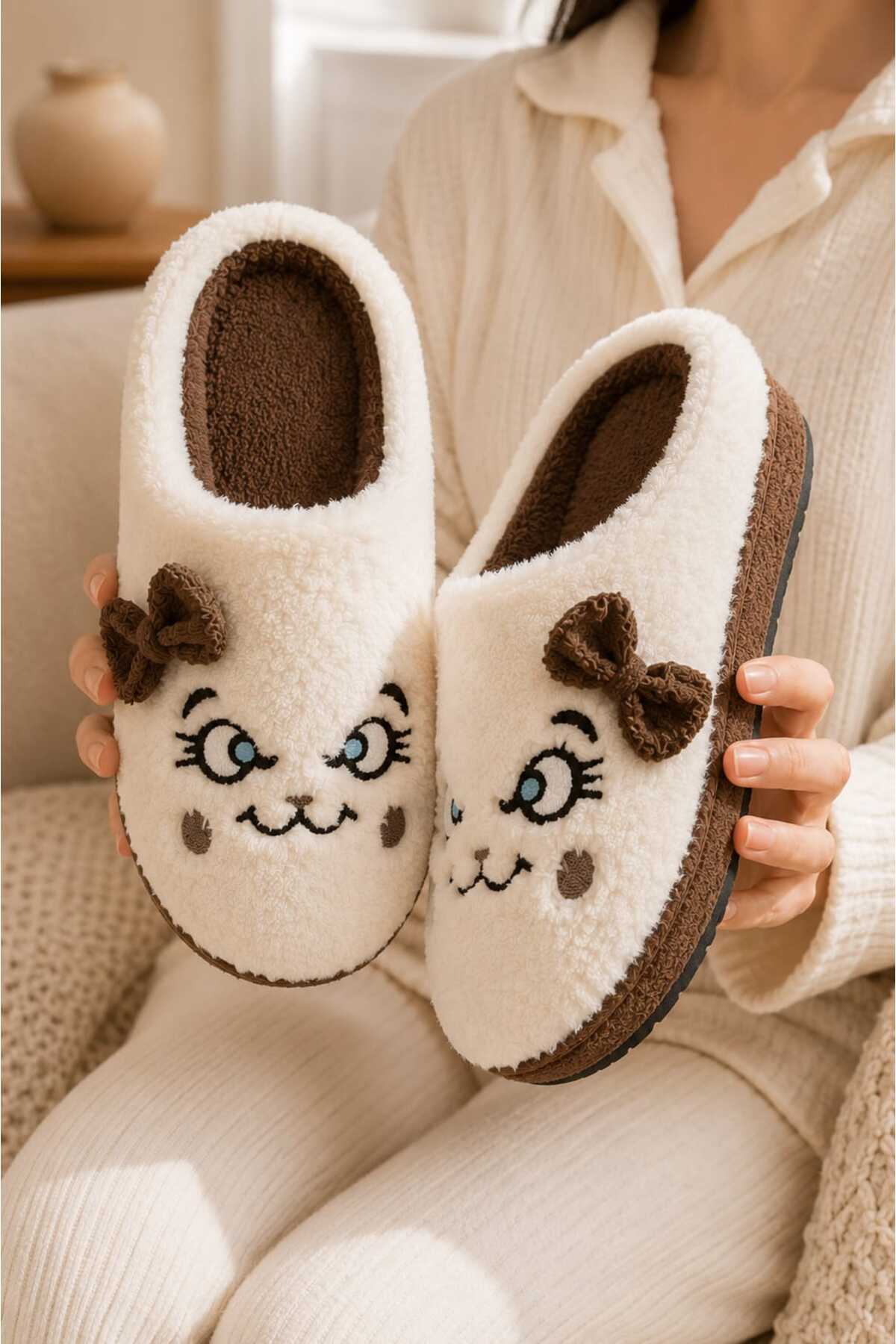 Slipcat Kadın, Fiyonklu, Sevimli Kedi Figürlü, Yumuşak Pelüş Ev Terliği görsel 4