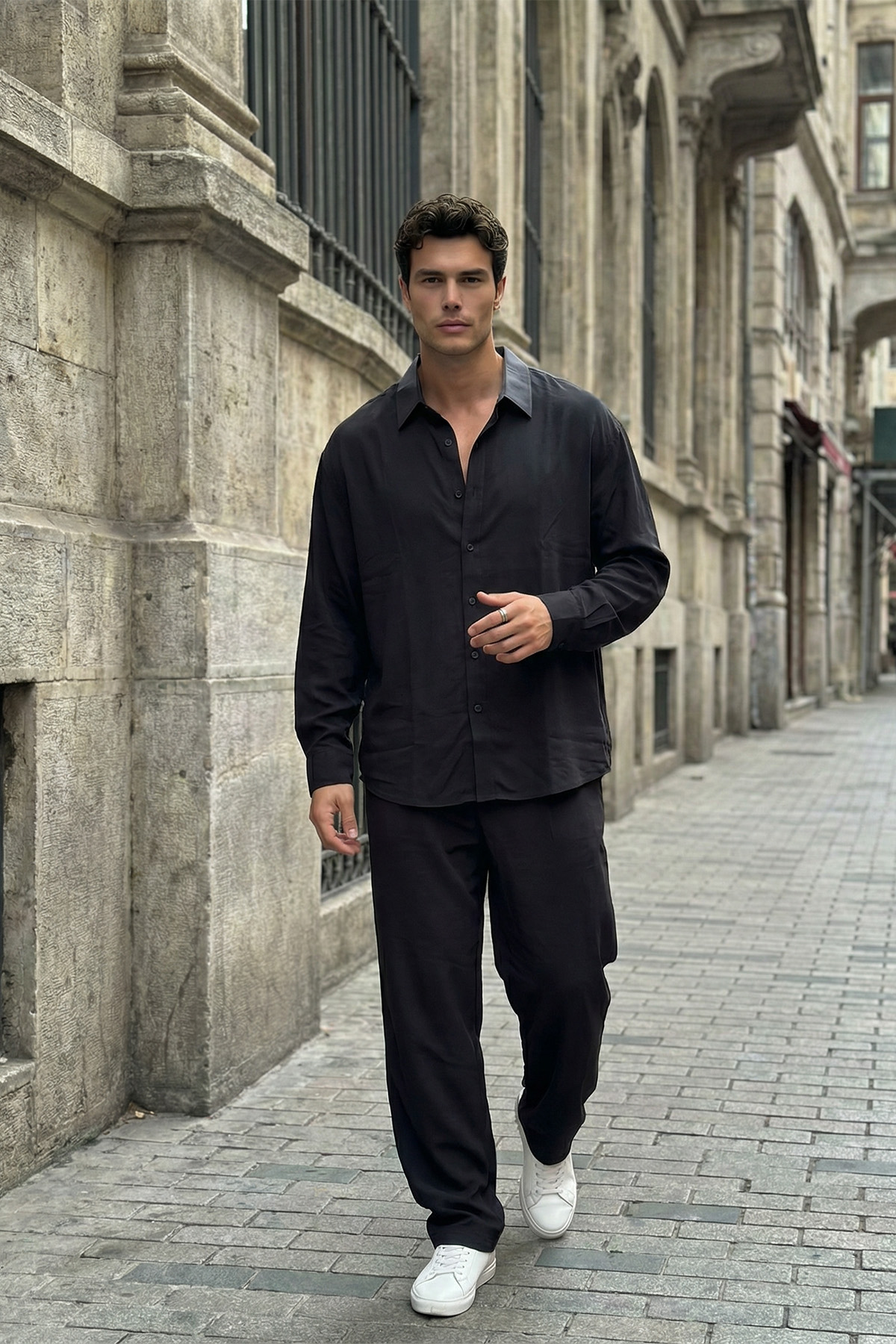 Livio Ferri Noda %100 Pamuk Oversize Erkek Modal İkili Takım Gömlek Pantolon görsel 8