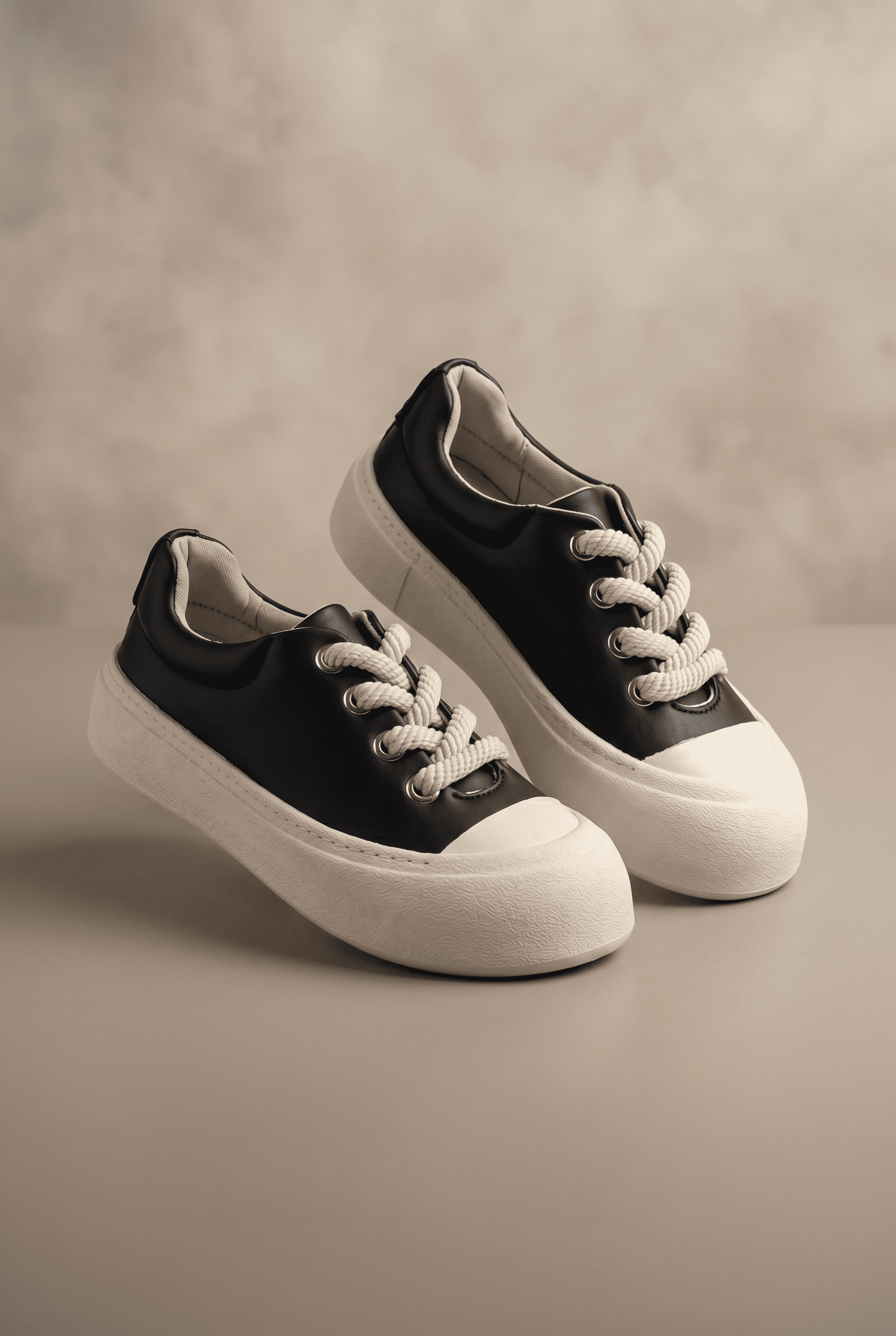 TONNY BLACK Kadın Siyah Beyaz Rahat Kalıp Kauçuk Taban Bağcıklı Sneaker