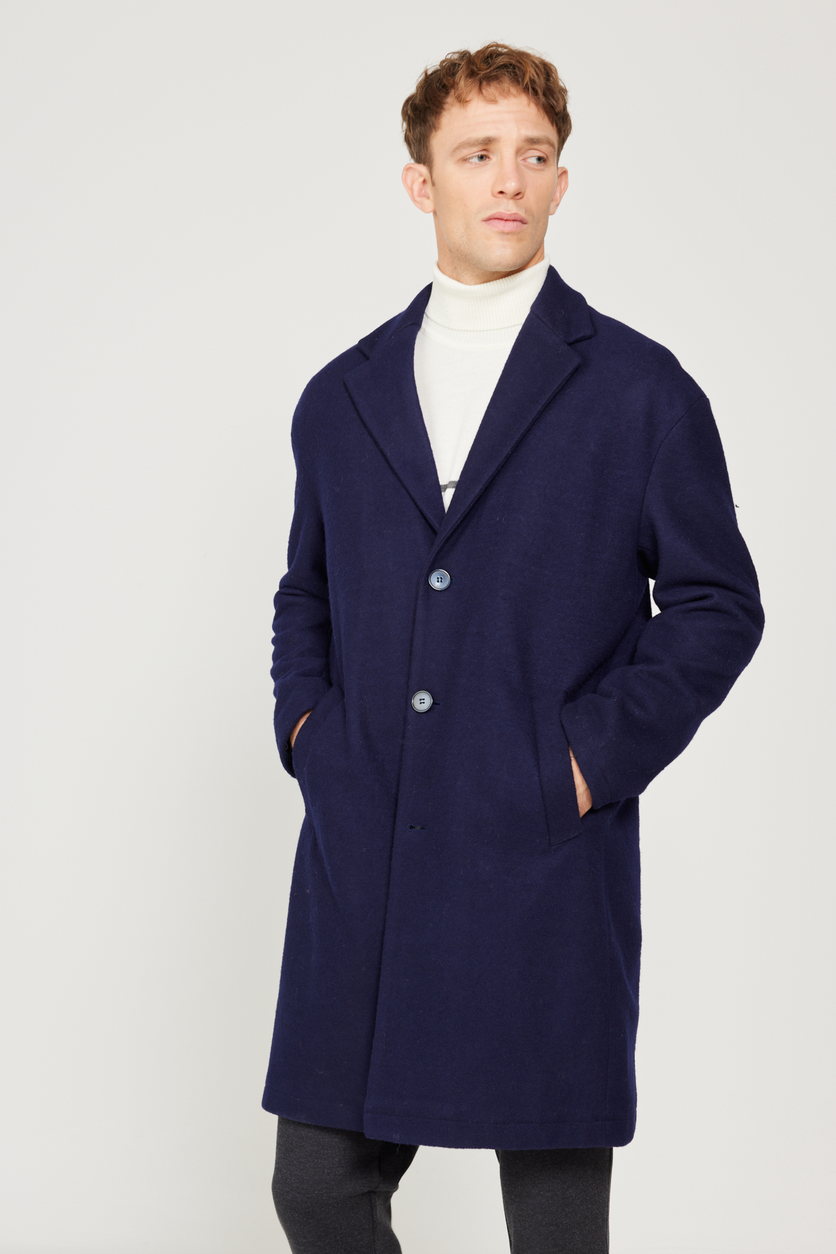 AC&Co / Altınyıldız Classics Erkek Lacivert Oversize Bol Kesim Mono Yaka Yünlü Kaşe Palto