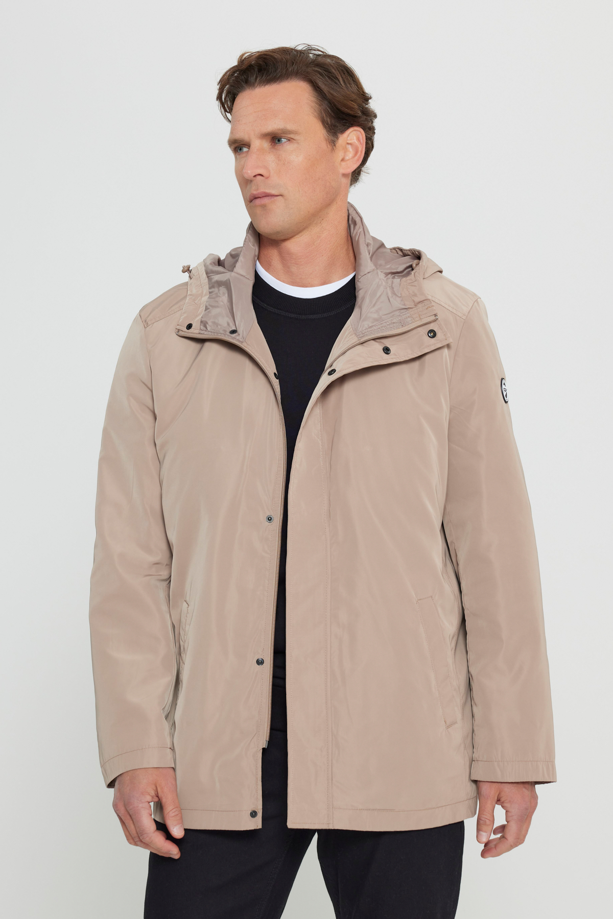 AC&Co / Altınyıldız Classics Erkek Vizon Standart Fit Normal Kesim Kapüşonlu Dik Yaka Trençkot