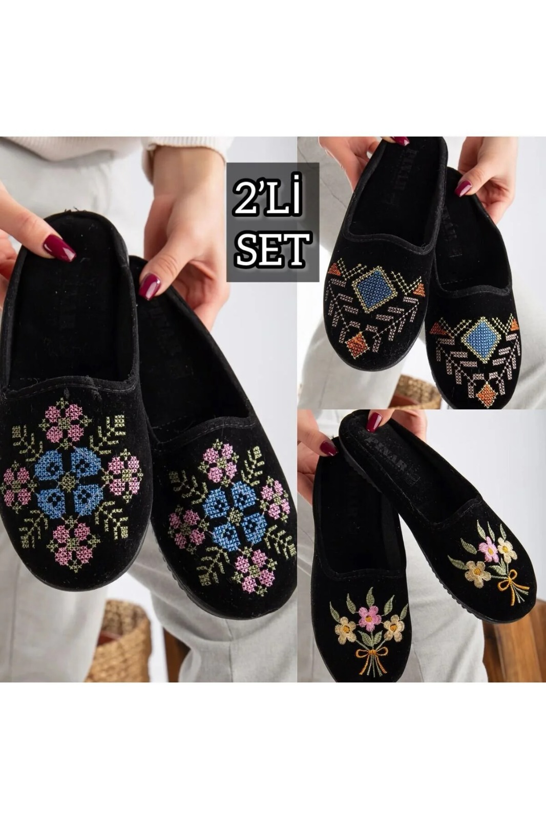 Slipcat 2'li Unisex Nakışlı Kadife Ev Terliği