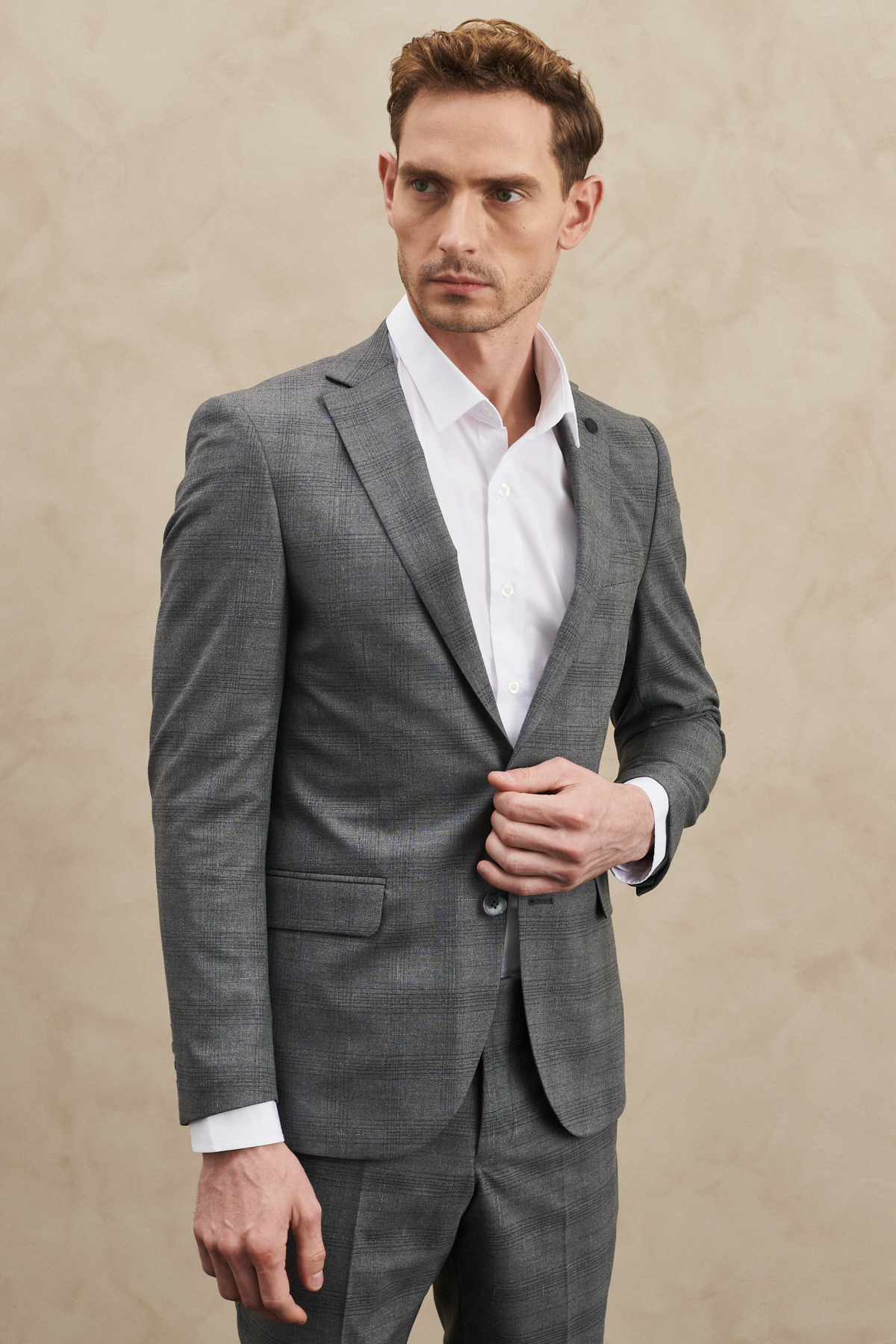 Altınyıldız Classics Erkek Gri Ekstra Slim Fit Dar Kesim Mono Yaka Kareli Takım Elbise