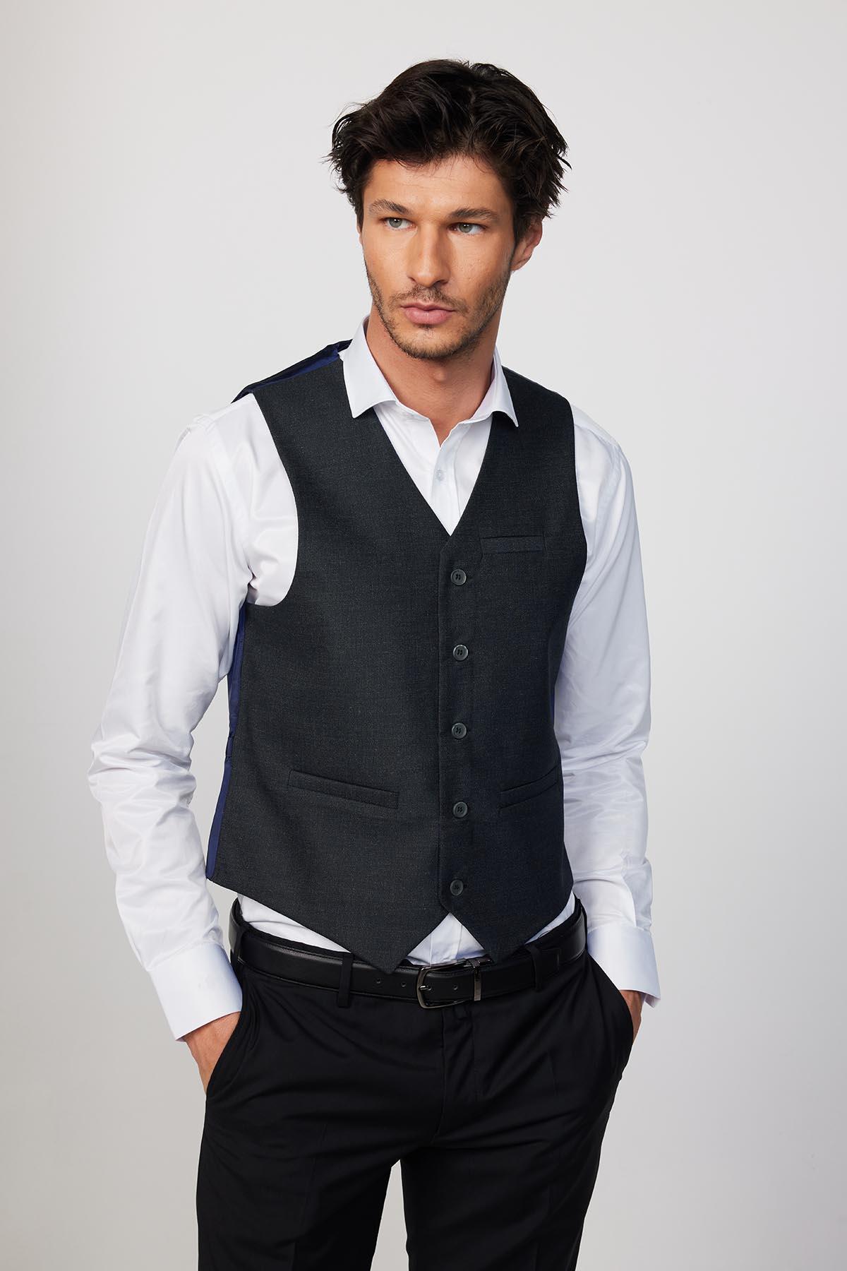 TUDORS Slim Fit Dar Kesim 3 Cepli 4 Mevsim Düz Gri Erkek Yelek