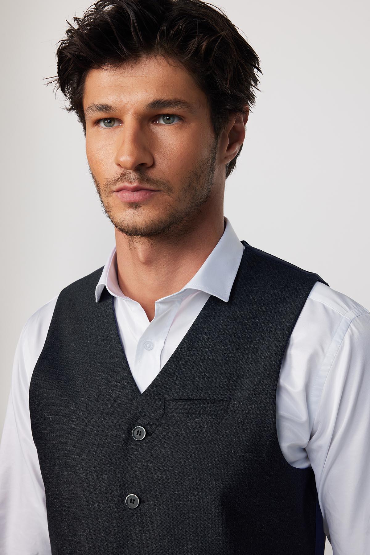 TUDORS Slim Fit Dar Kesim 3 Cepli 4 Mevsim Düz Gri Erkek Yelek görsel 2