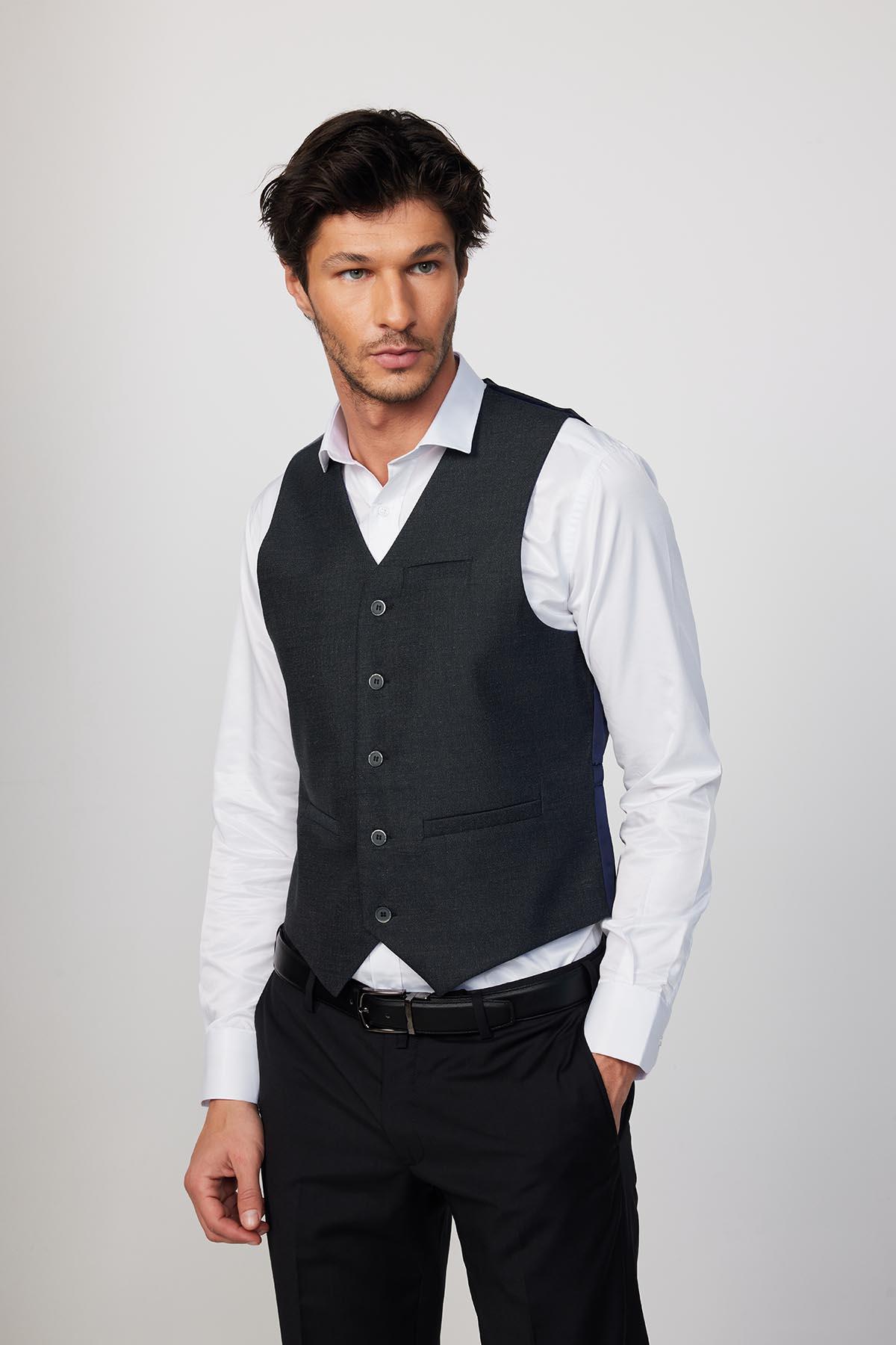 TUDORS Slim Fit Dar Kesim 3 Cepli 4 Mevsim Düz Gri Erkek Yelek görsel 3