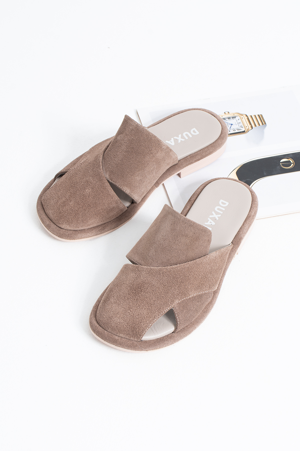 DUXAL SHOES Bronte Hakiki Deri Süet Çapraz Bantlı Anatomik Tabanlı Konfor Terlik - Sandalet görsel 3