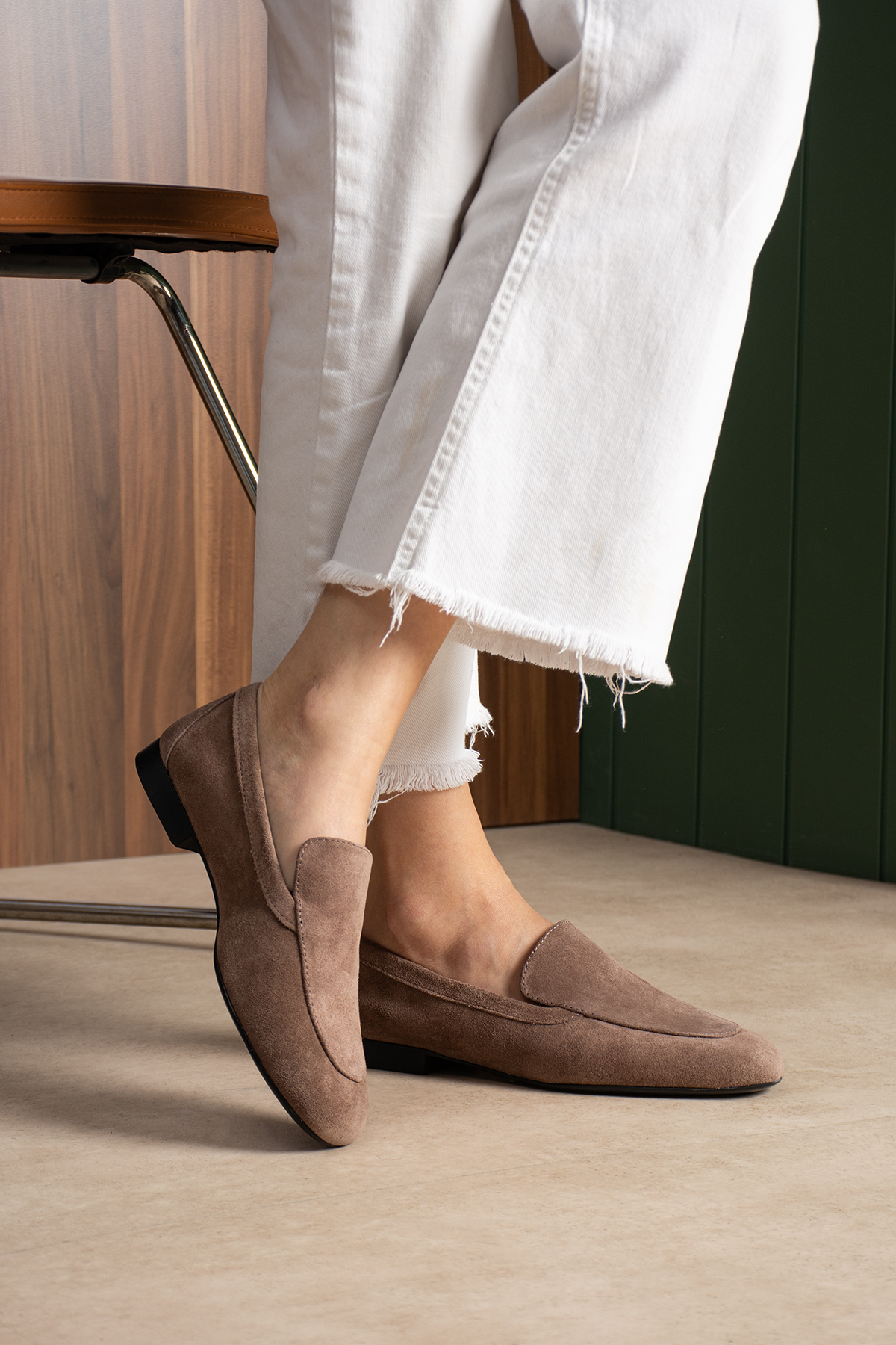 DUXAL SHOES Oliver Hakiki Deri Yumuşak Tabanlı Kadın Süet Babet Loafer görsel 7