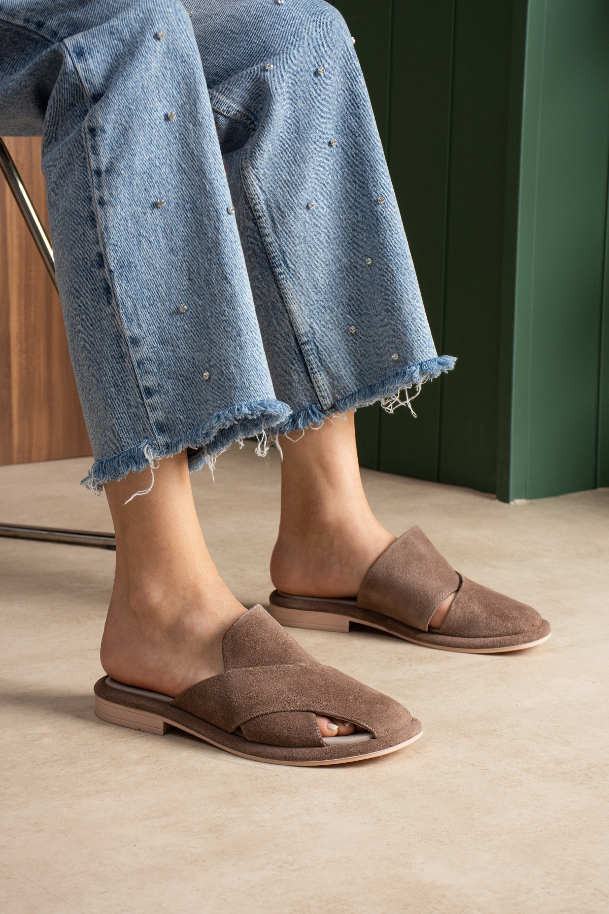 DUXAL SHOES Bronte Hakiki Deri Süet Çapraz Bantlı Anatomik Tabanlı Konfor Terlik - Sandalet görsel 6