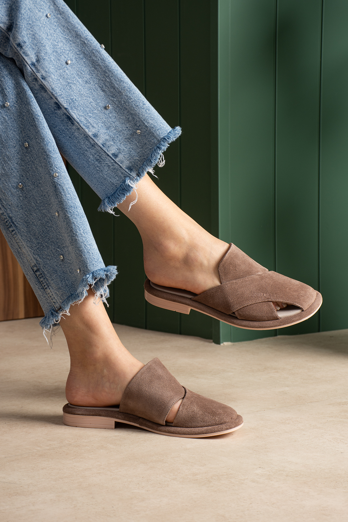 DUXAL SHOES Bronte Hakiki Deri Süet Çapraz Bantlı Anatomik Tabanlı Konfor Terlik - Sandalet görsel 7