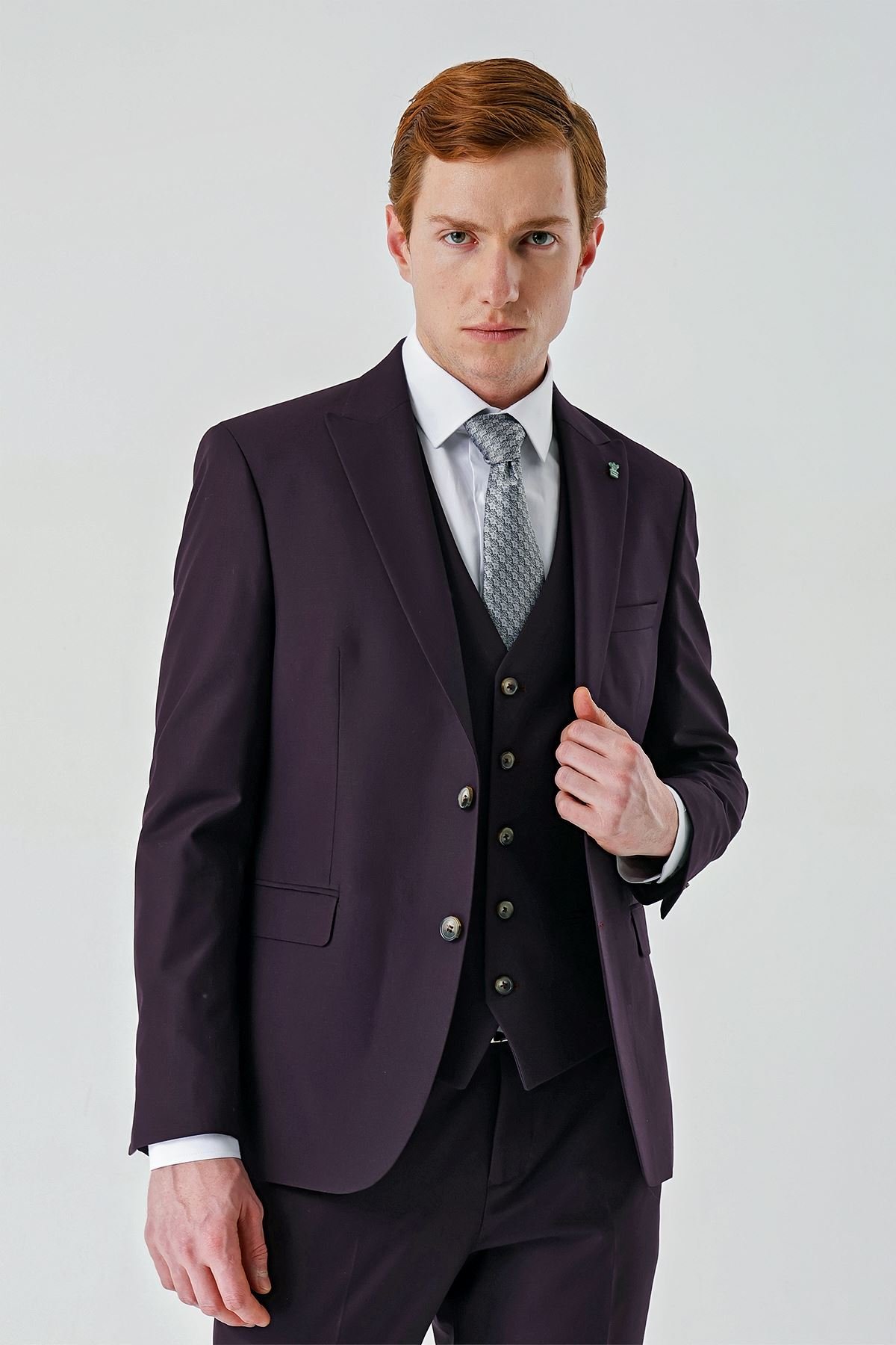 İMZA Mürdüm Gabardin Kırlangıç Yaka Yelekli 6 Drop Slim Fit Klasik Takım Elbise 1001240187