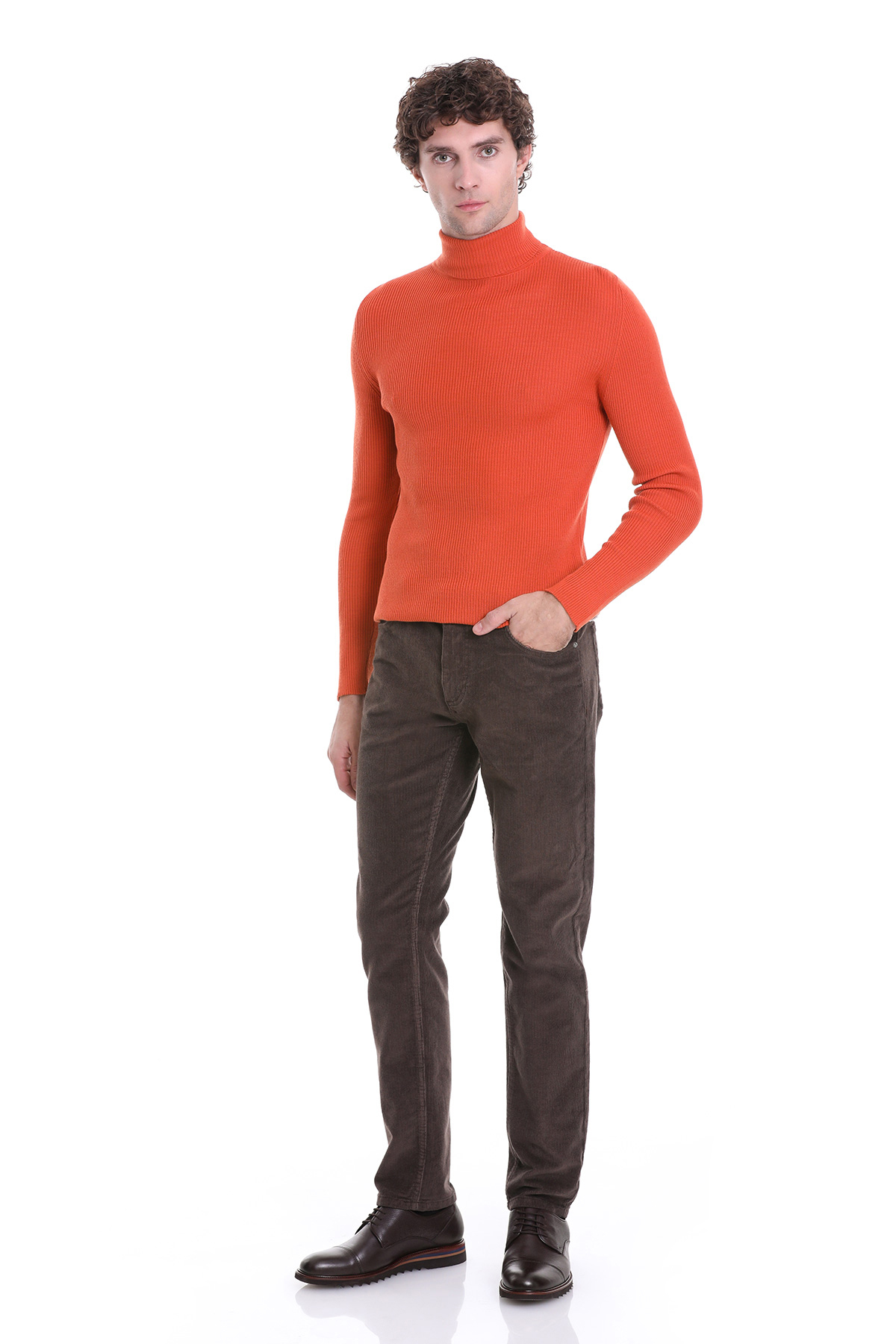 Hatemoğlu Turuncu Slim Fit Fitilli Balıkçı Yaka Yünlü Triko Kazak görsel 2