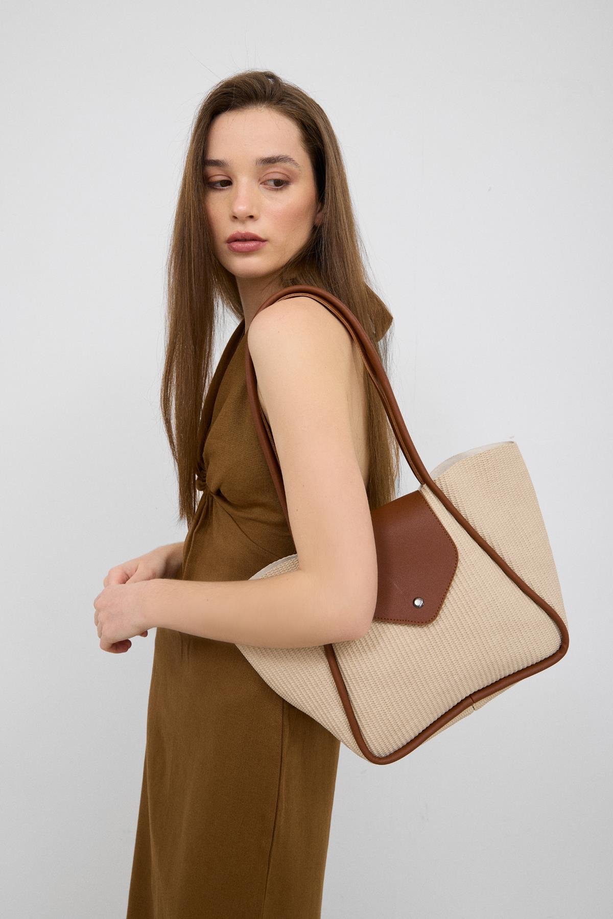 Shulebags Petre Hasır Omuz Çantası Krem görsel 2