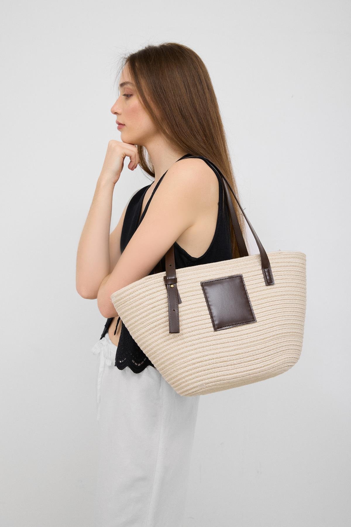 Shulebags Vittoria Handmade Hasır Çanta Krem görsel 2