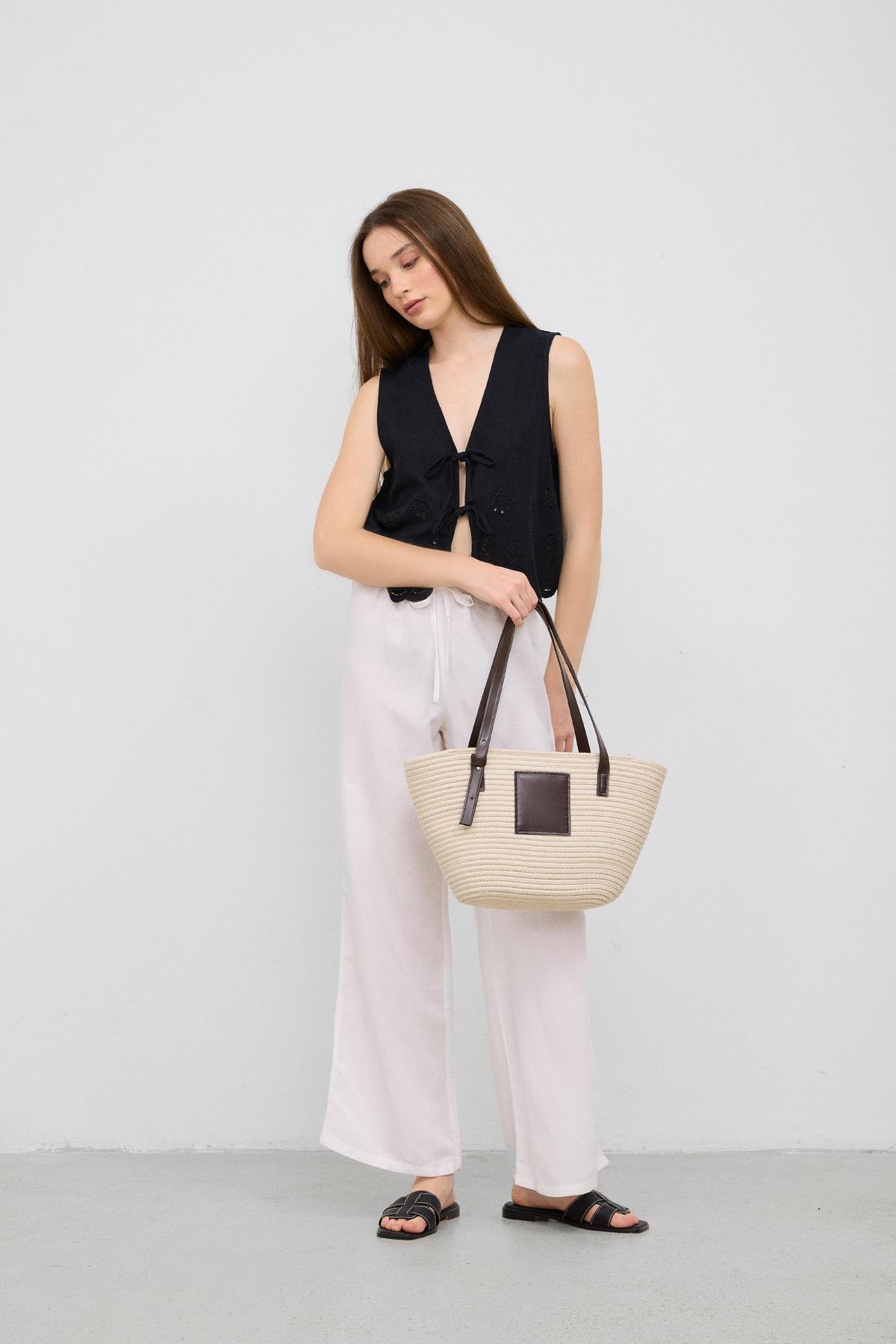 Shulebags Vittoria Handmade Hasır Çanta Krem görsel 3