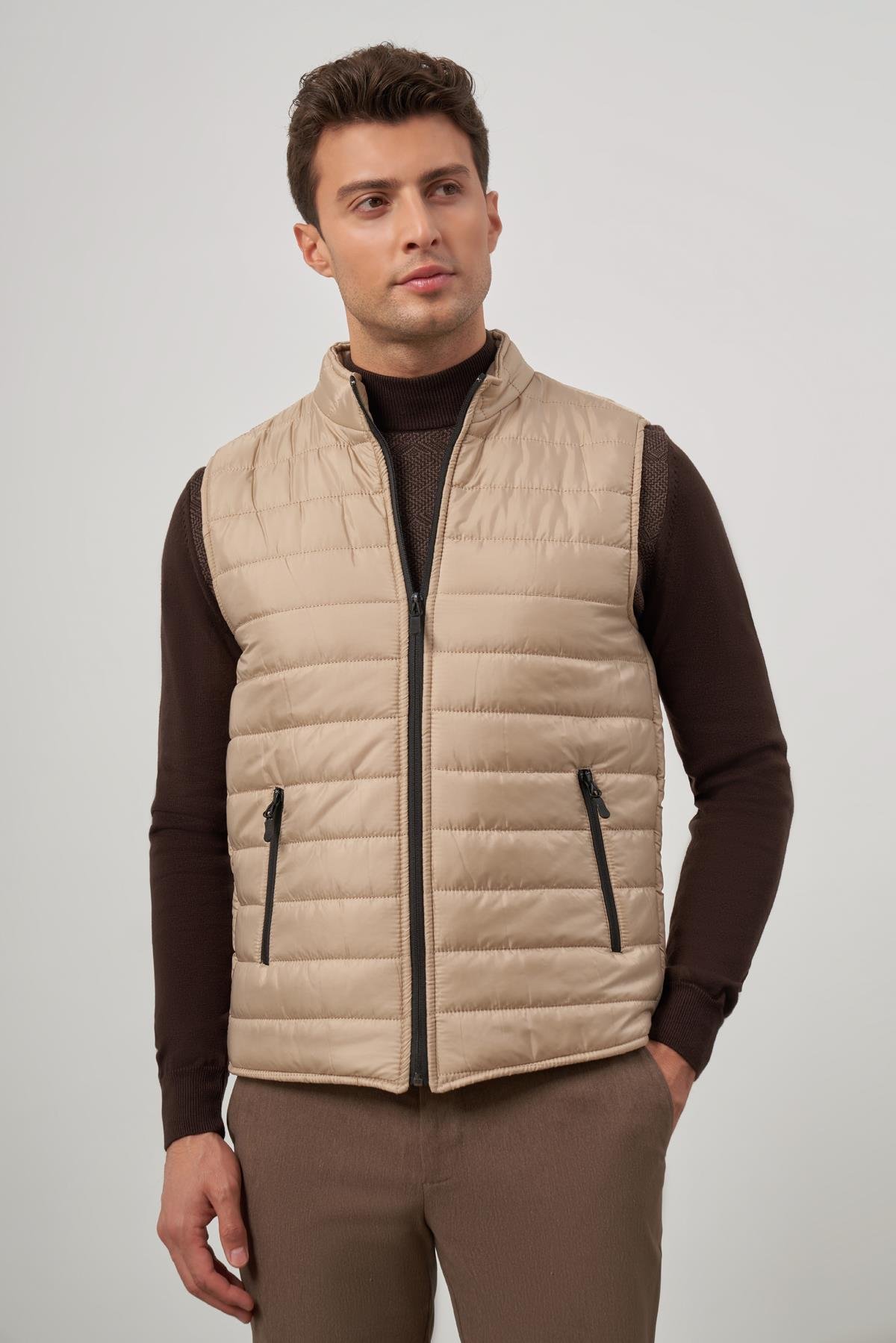 İMZA Bej Kapitone Dik Yaka Düz Garnisiz-Biyesiz Slim Fit Yelek 1009245150