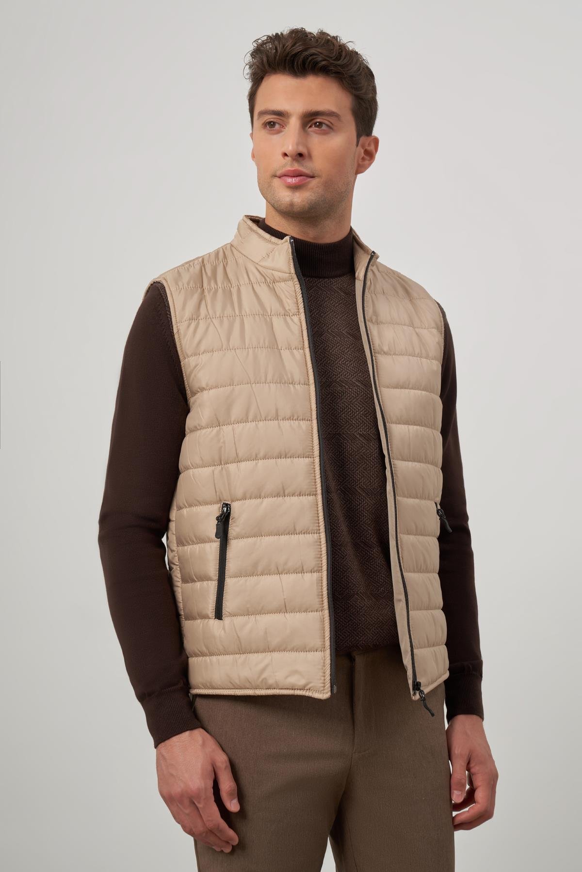 İMZA Bej Kapitone Dik Yaka Düz Garnisiz-Biyesiz Slim Fit Yelek 1009245150 görsel 5