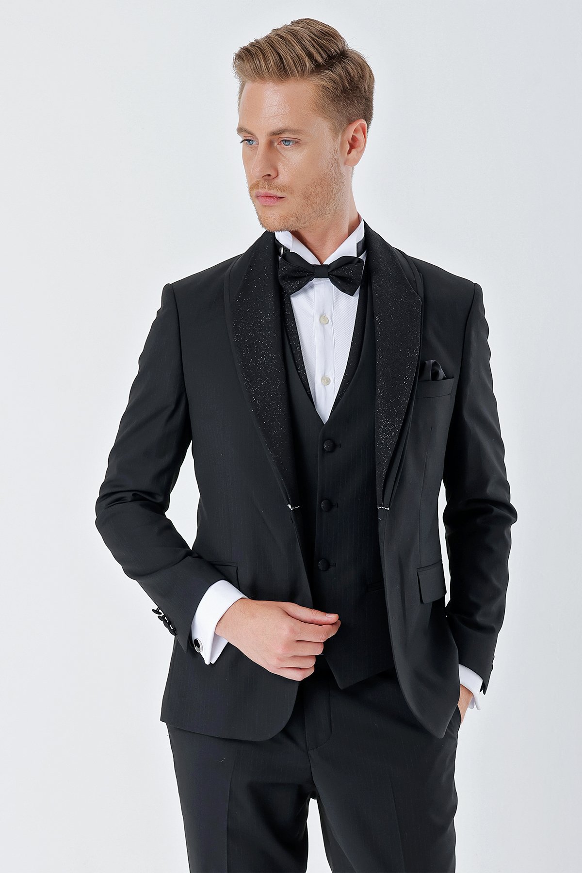 İMZA Çizgili Çıkarılabilir Şal Yaka Yelekli 6 Drop Slim Fit Smokin Damatlık Takım 1001230212