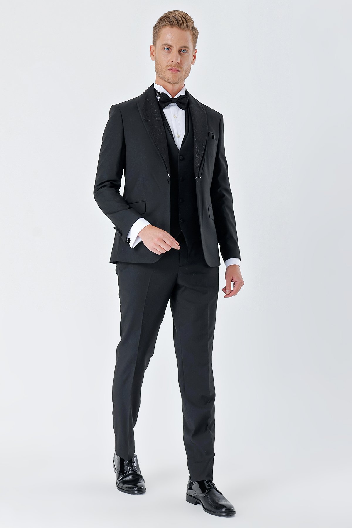 İMZA Çizgili Çıkarılabilir Şal Yaka Yelekli 6 Drop Slim Fit Smokin Damatlık Takım 1001230212 görsel 2