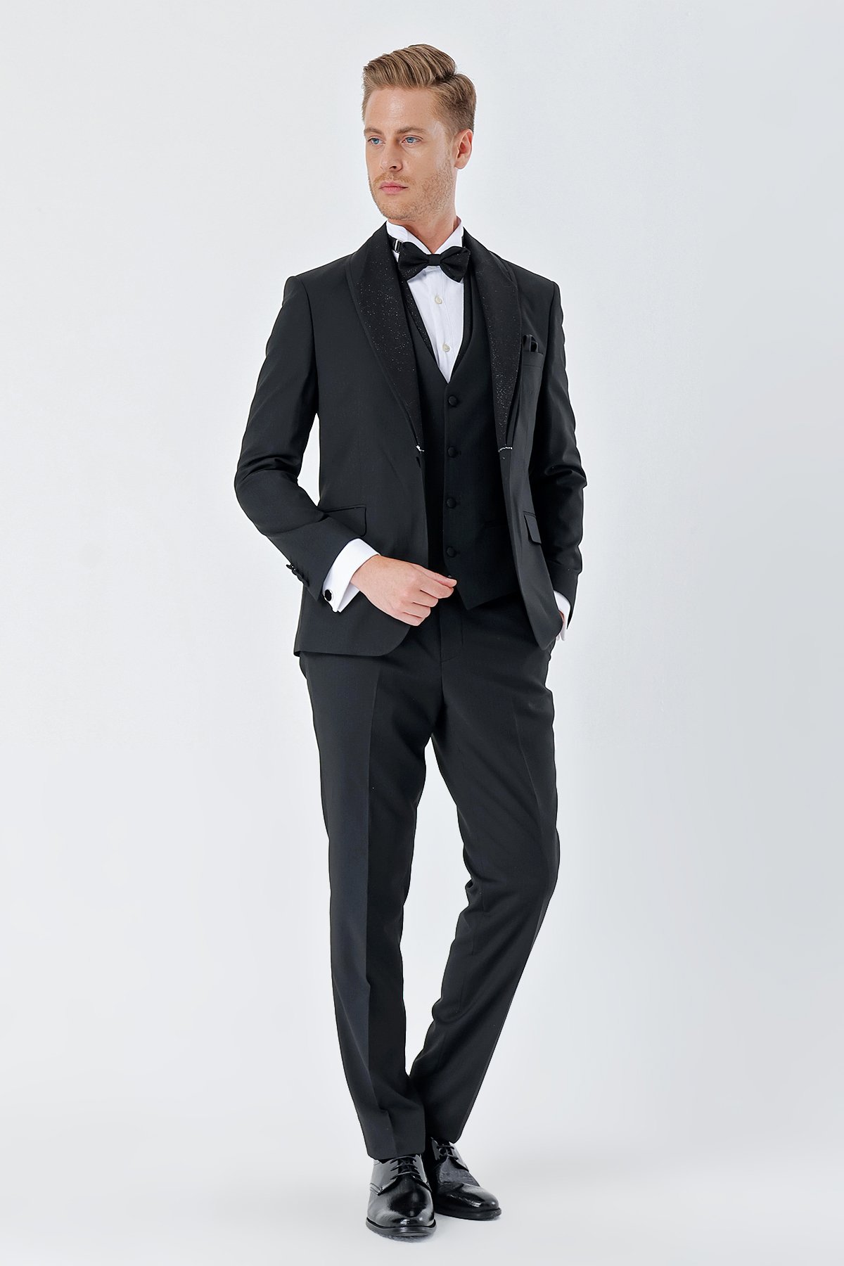 İMZA Çizgili Çıkarılabilir Şal Yaka Yelekli 6 Drop Slim Fit Smokin Damatlık Takım 1001230212 görsel 3