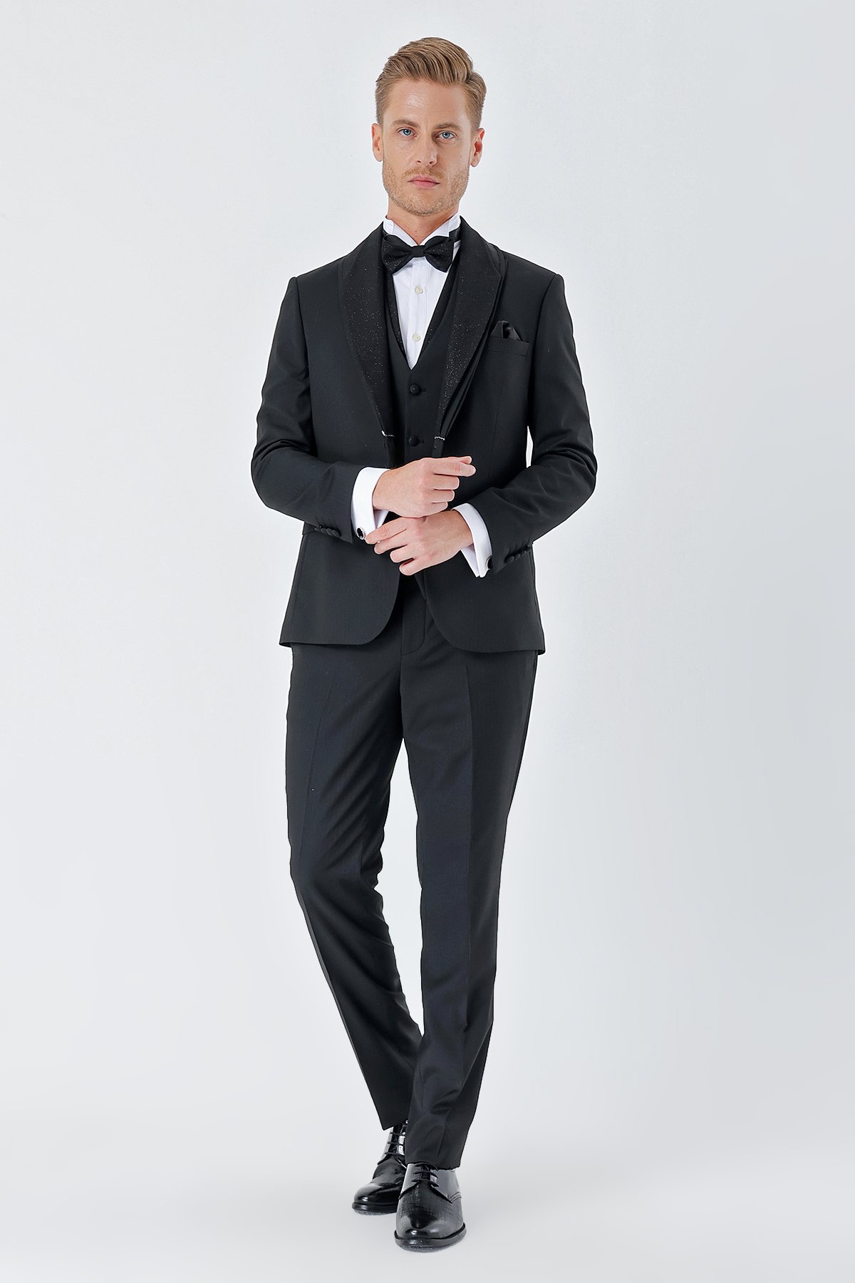 İMZA Çizgili Çıkarılabilir Şal Yaka Yelekli 6 Drop Slim Fit Smokin Damatlık Takım 1001230212 görsel 4
