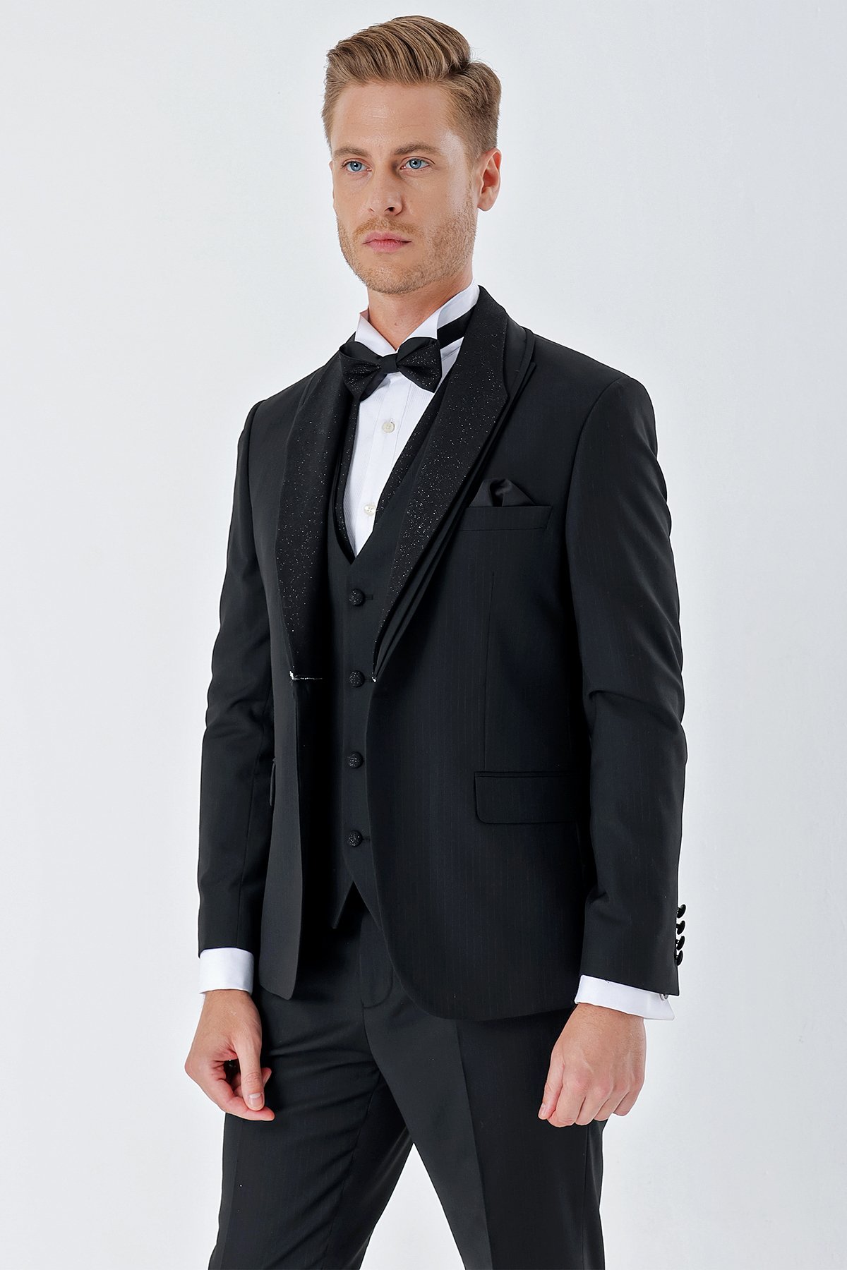 İMZA Çizgili Çıkarılabilir Şal Yaka Yelekli 6 Drop Slim Fit Smokin Damatlık Takım 1001230212 görsel 5