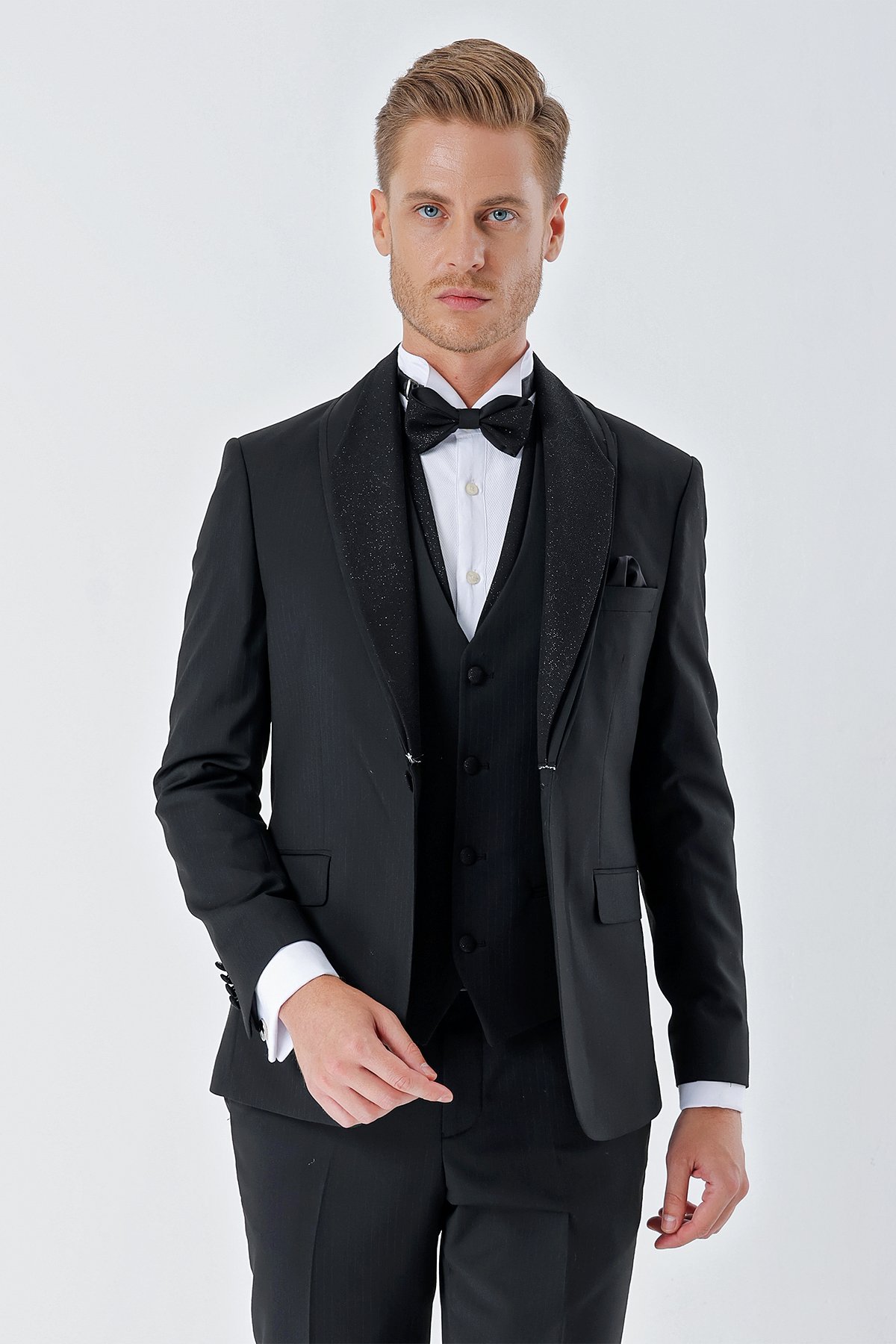 İMZA Çizgili Çıkarılabilir Şal Yaka Yelekli 6 Drop Slim Fit Smokin Damatlık Takım 1001230212 görsel 6